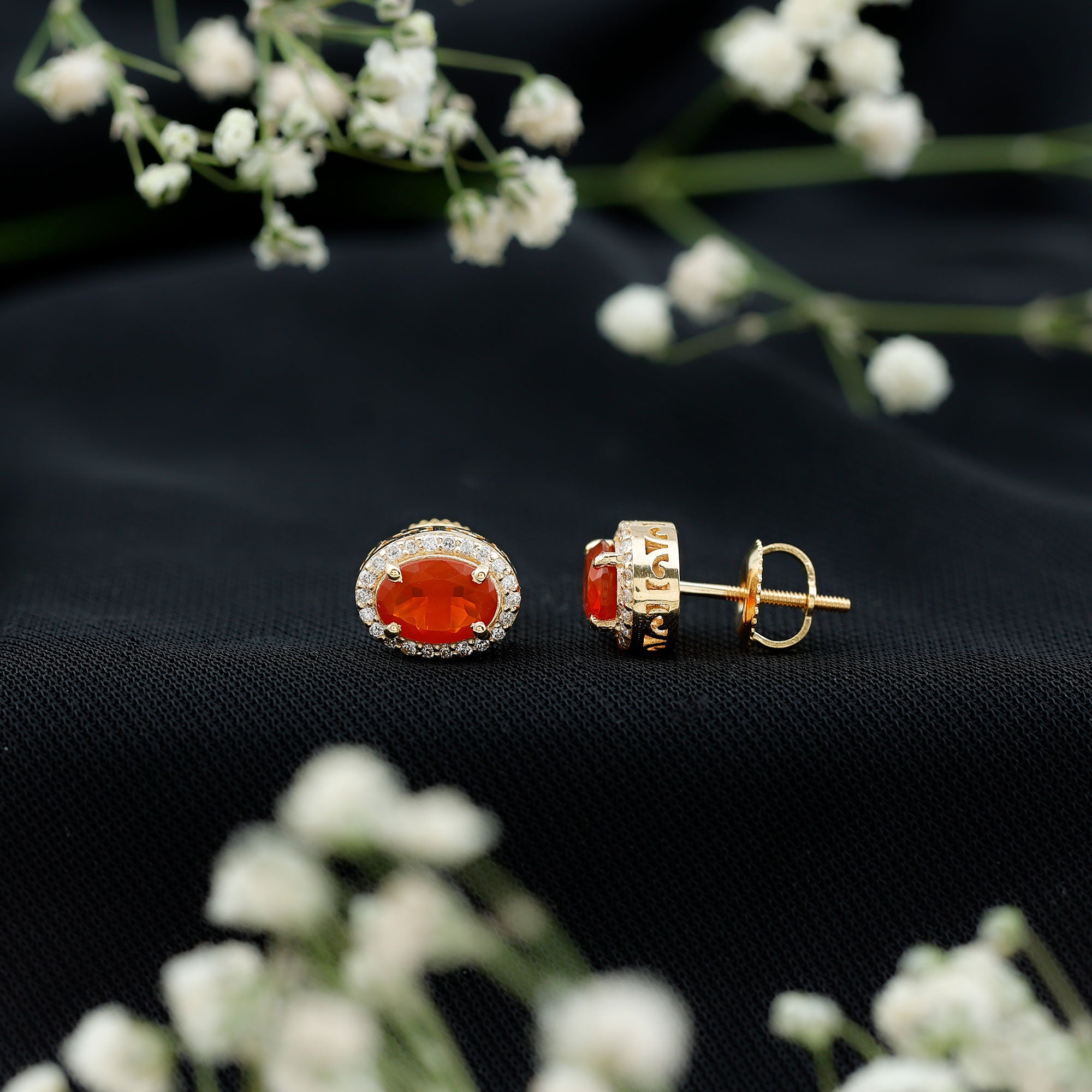 1.3 Carat Oval Cut Fire Opal and Diamond Halo Stud Earrings AAA - Rosec Jewels