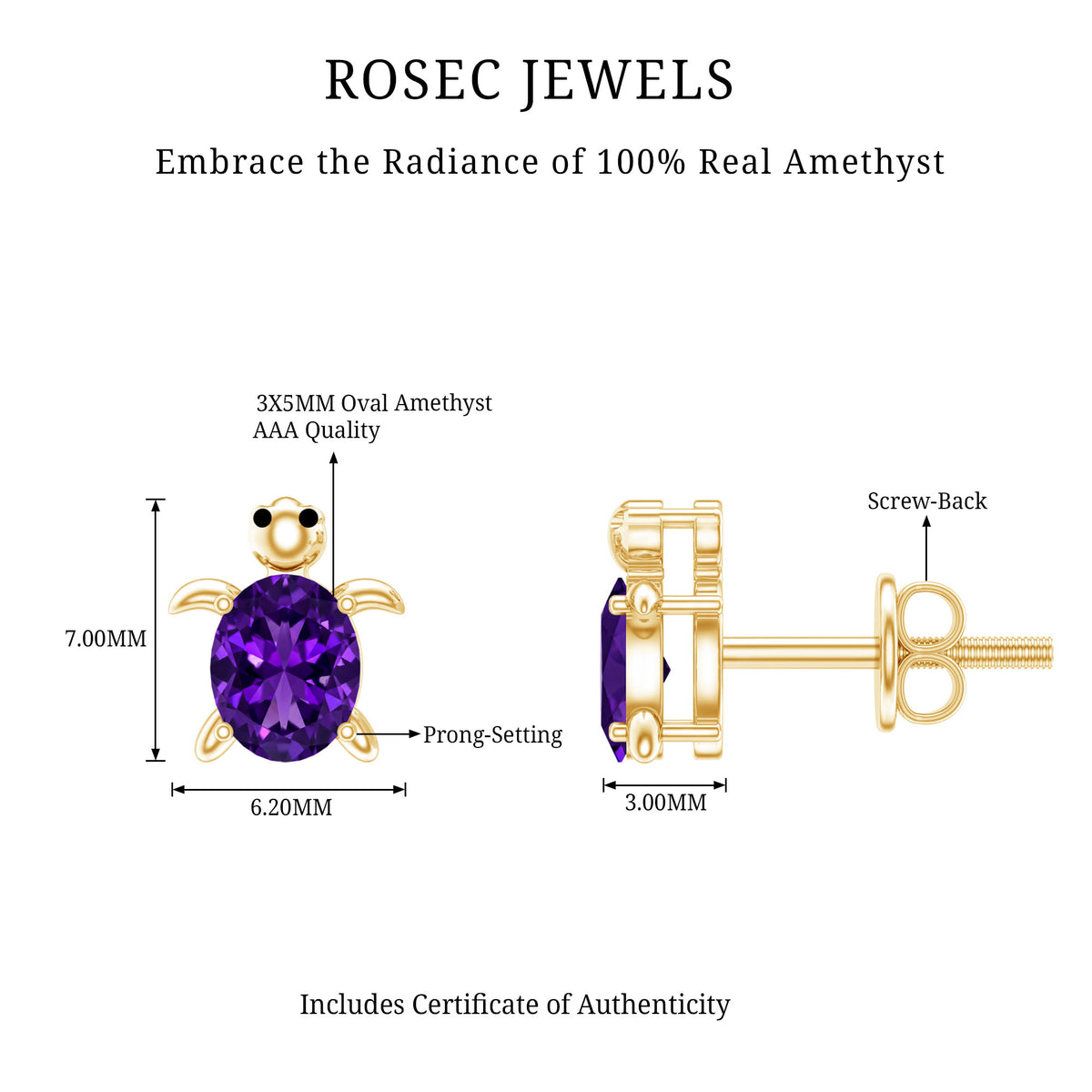 Natural Oval Amethyst Turtle Stud Earrings for Women AAA - Rosec Jewels