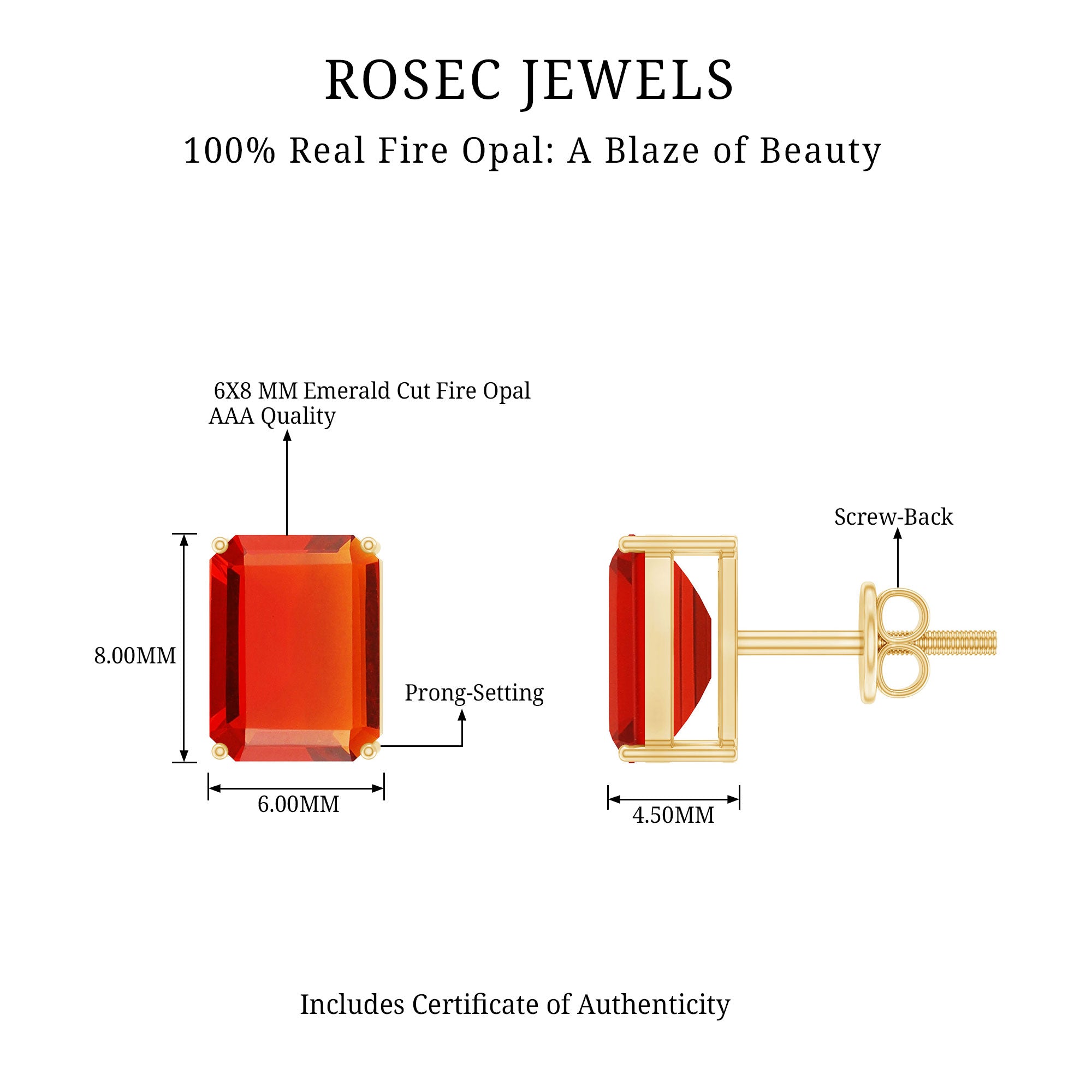 2 CT Emerald Cut Fire Opal Solitaire Stud Earrings for Women AAA - Rosec Jewels