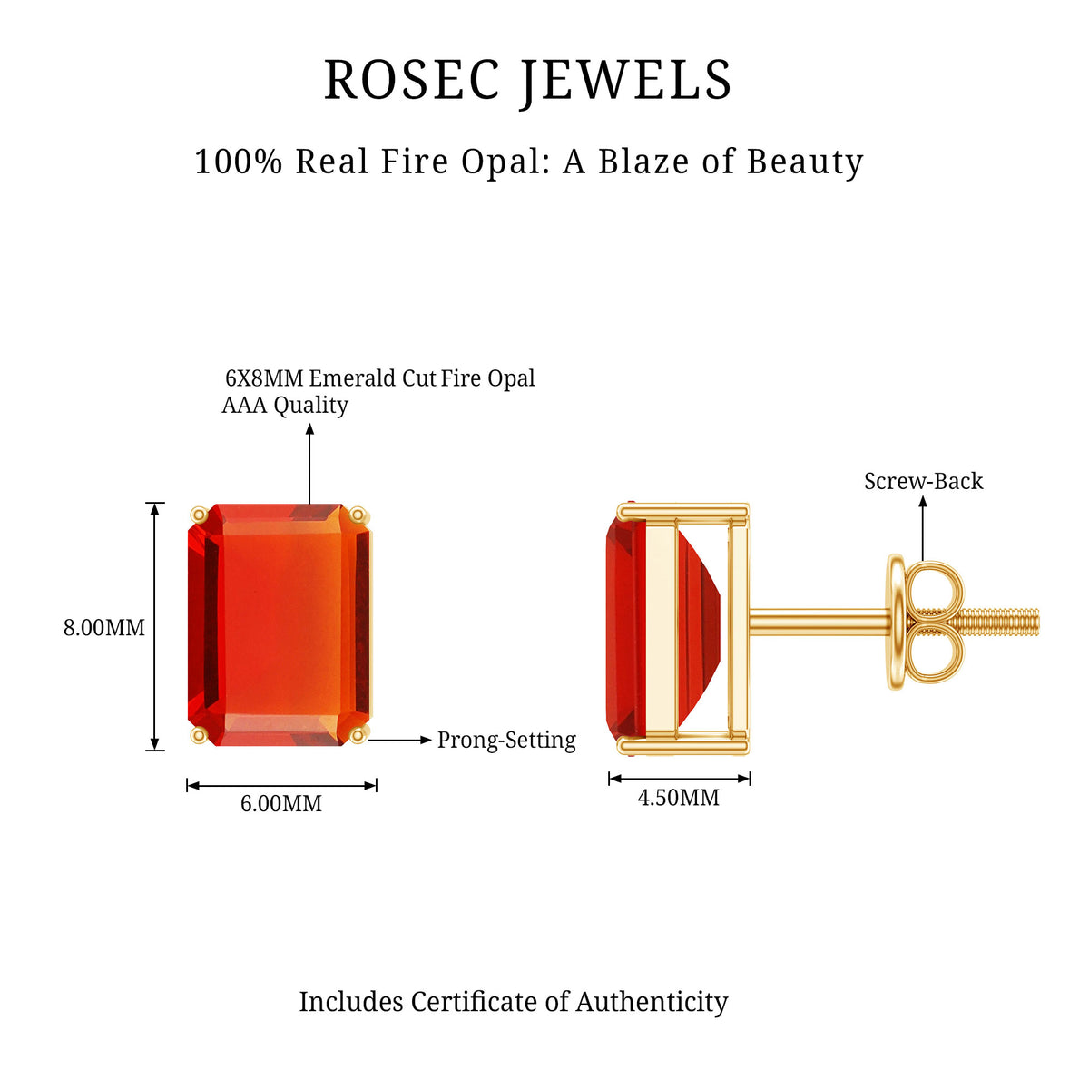 2 CT Emerald Cut Fire Opal Solitaire Stud Earrings for Women AAA - Rosec Jewels