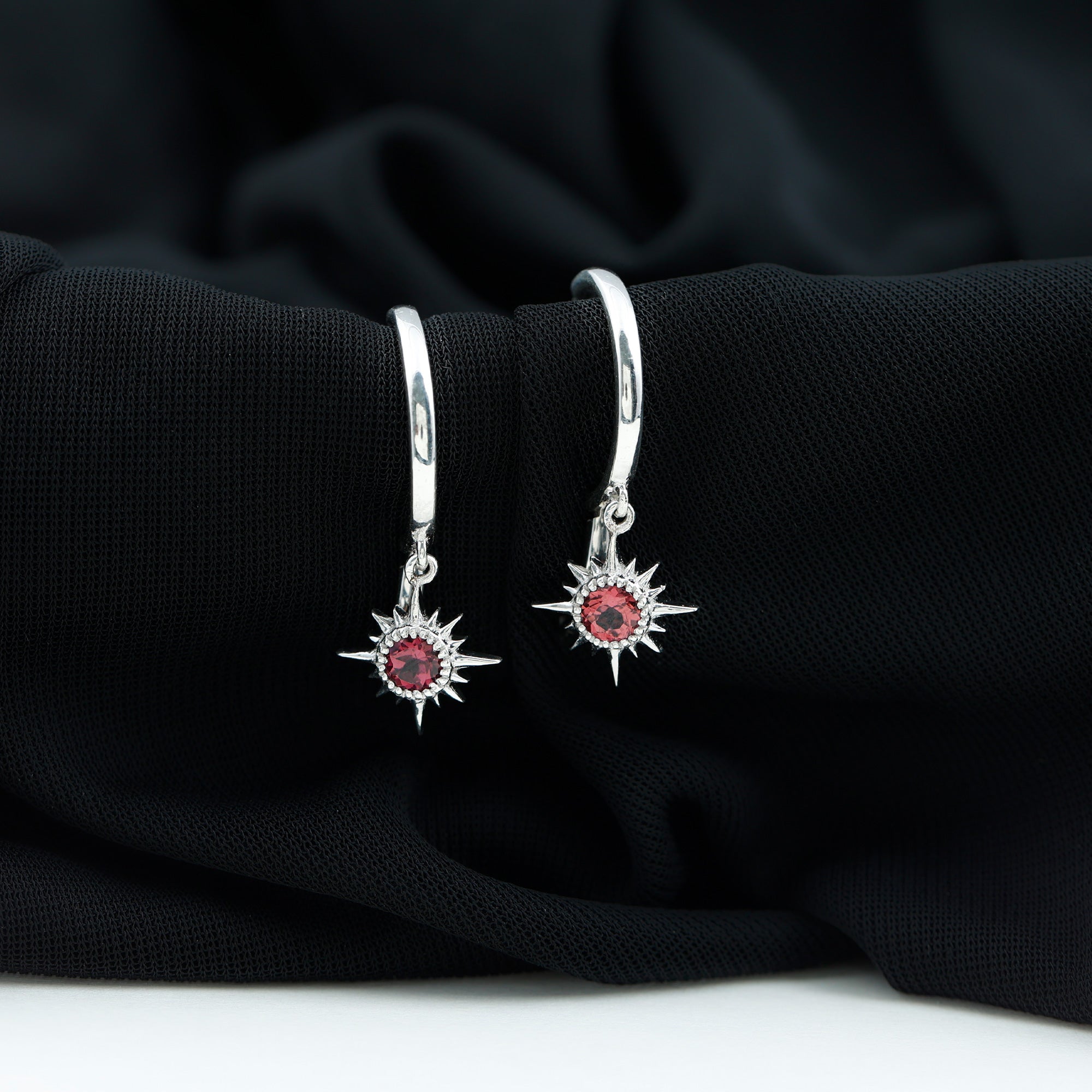 4MM Round Shape Pink Tourmaline Sunburst Hoop Drop Earrings AAA - Rosec Jewels