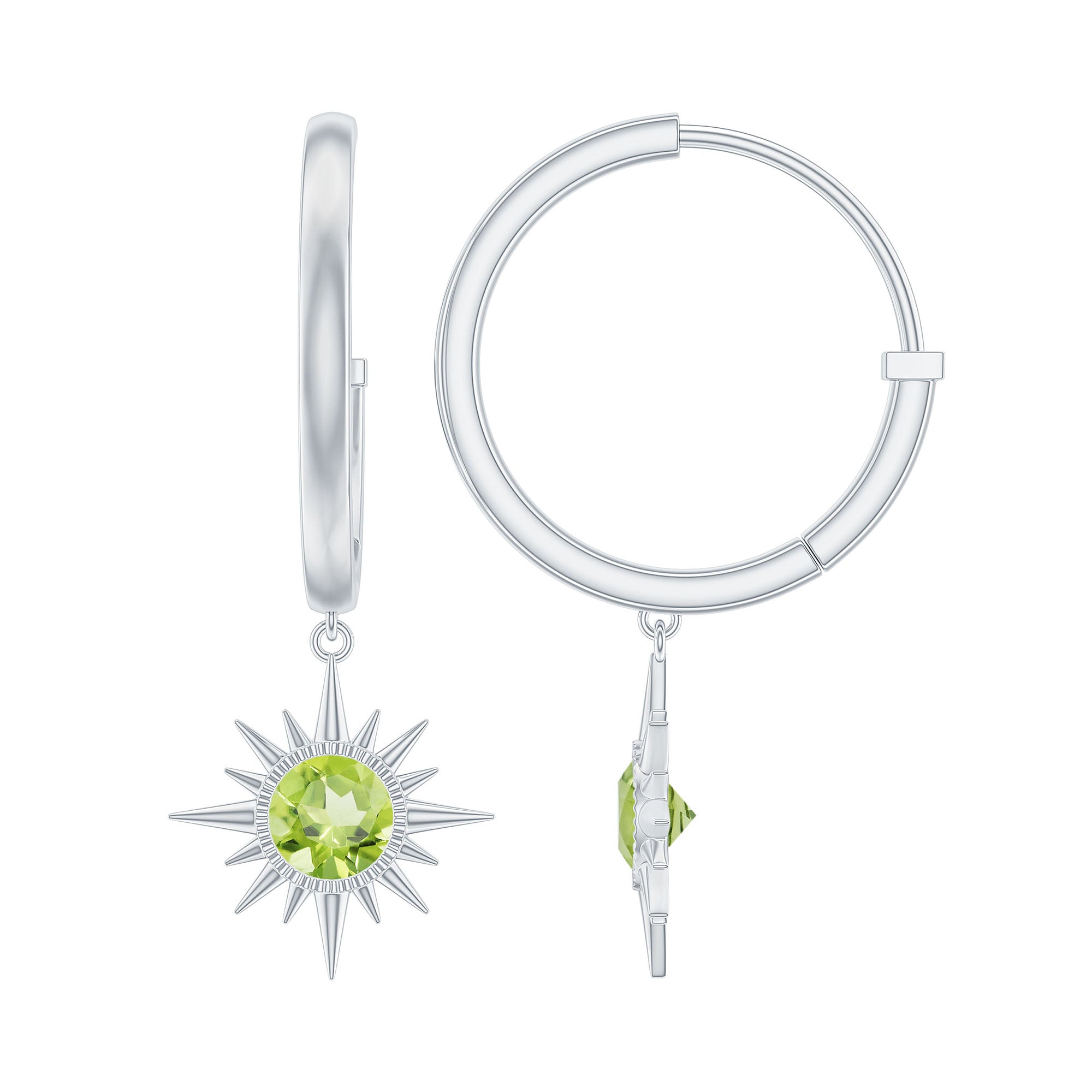 Round Shape 1 Carat Peridot Sunburst Hoop Drop Earrings For Women AAA - Rosec Jewels