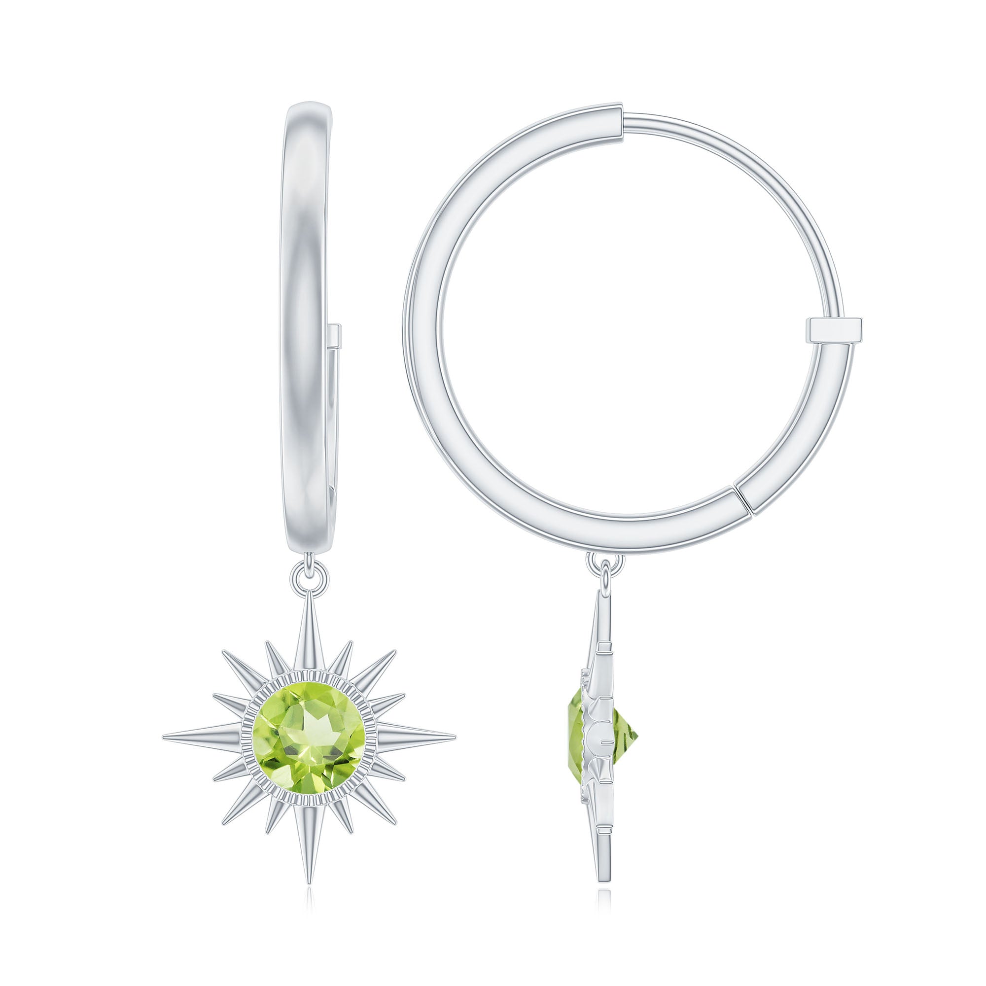 Round Shape 1 Carat Peridot Sunburst Hoop Drop Earrings For Women AAA - Rosec Jewels