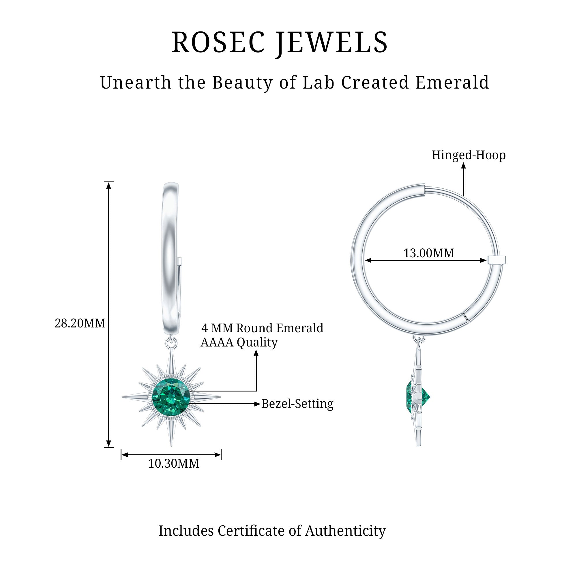 0.5 Carat Round Cut Lab Created Emerald Sunburst Hoop Earrings AAAA - Rosec Jewels