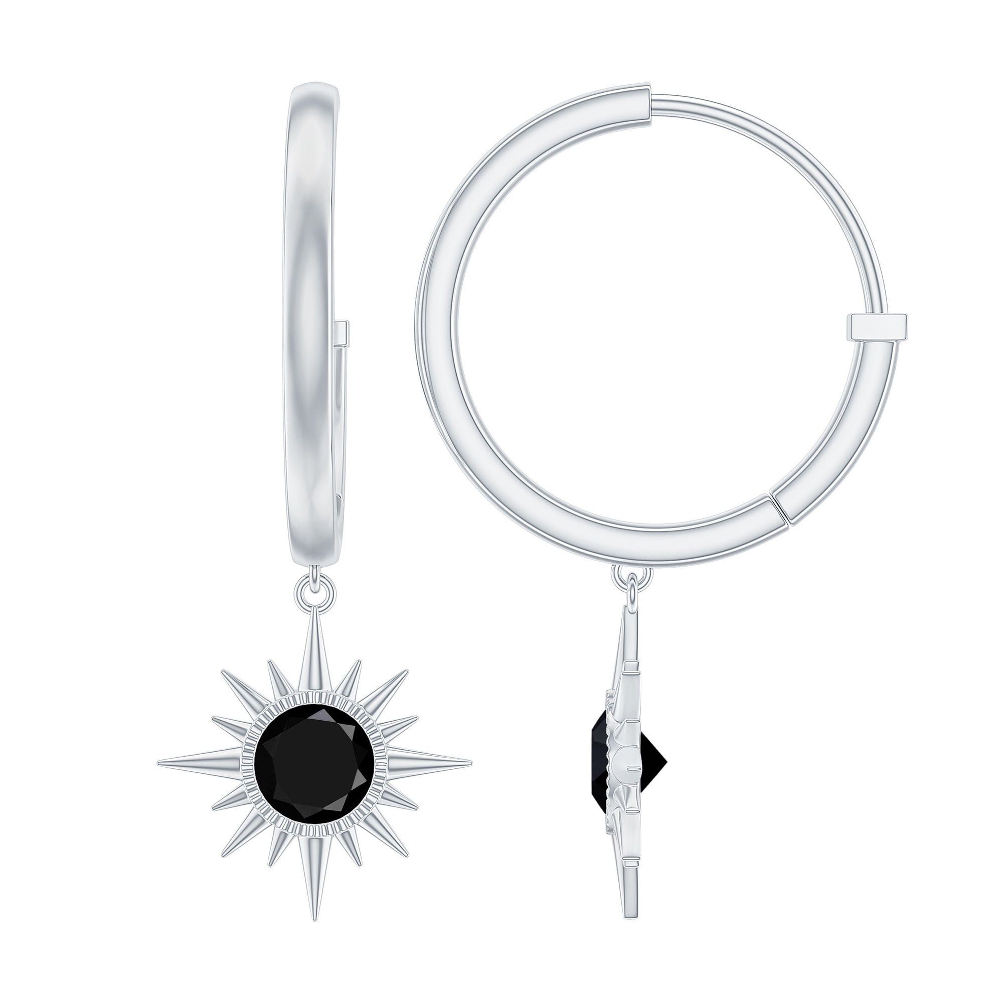 Lab Created Black Diamond Sunburst Hoop Earrings in Bezel Setting