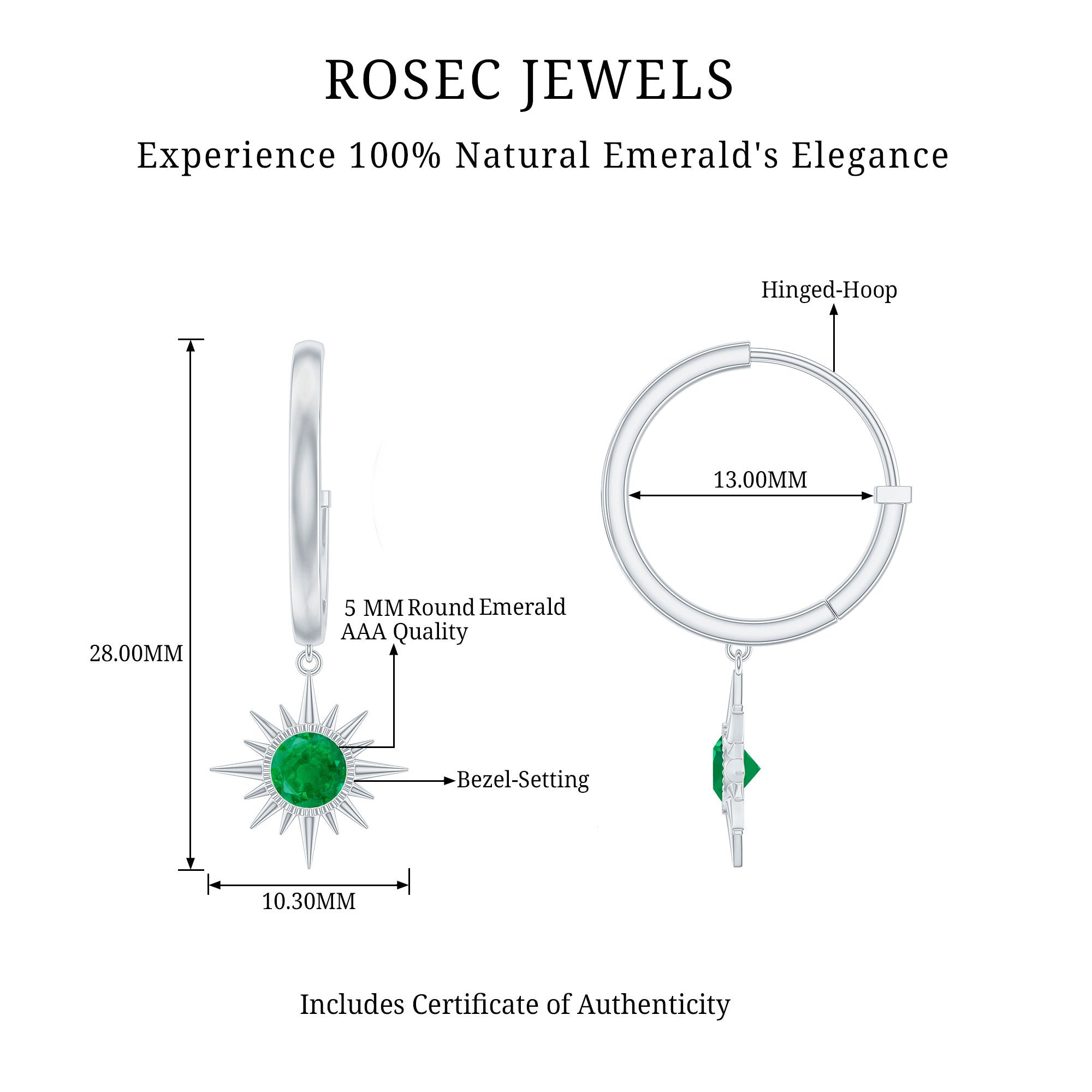 Real Emerald Sunburst Hoop Drop Earrings with Certificate AAA - Rosec Jewels