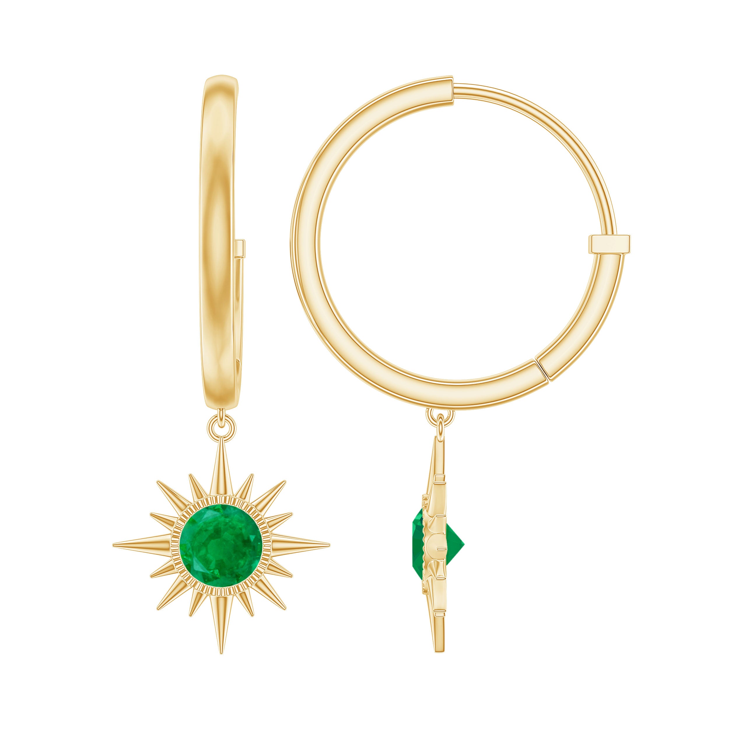 Real Emerald Sunburst Hoop Drop Earrings with Certificate AAA - Rosec Jewels