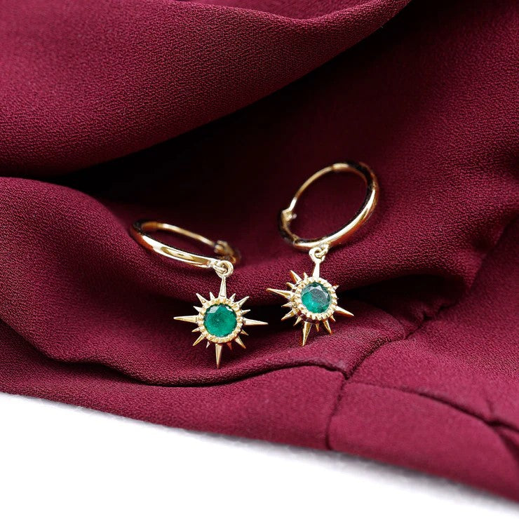 Real Emerald Sunburst Hoop Drop Earrings with Certificate AAA - Rosec Jewels