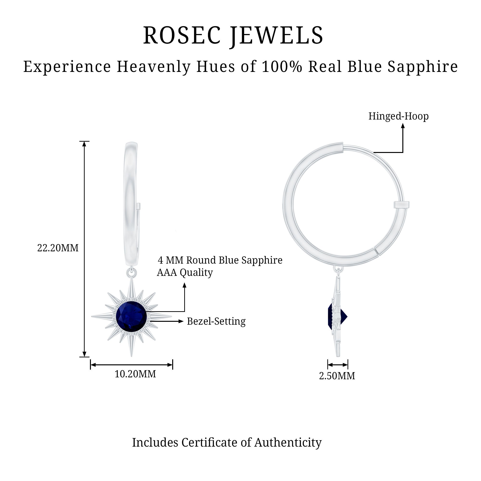 Bezel Set Blue Sapphire Sunburst Drop Hoop Earrings AAA - Rosec Jewels