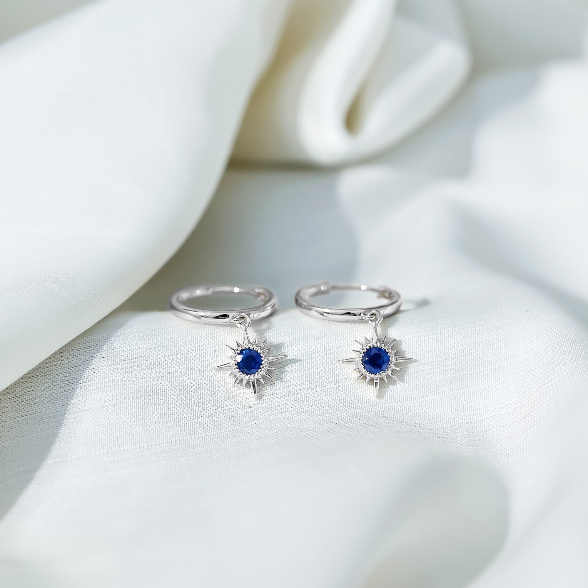 Bezel Set Blue Sapphire Sunburst Drop Hoop Earrings AAA - Rosec Jewels