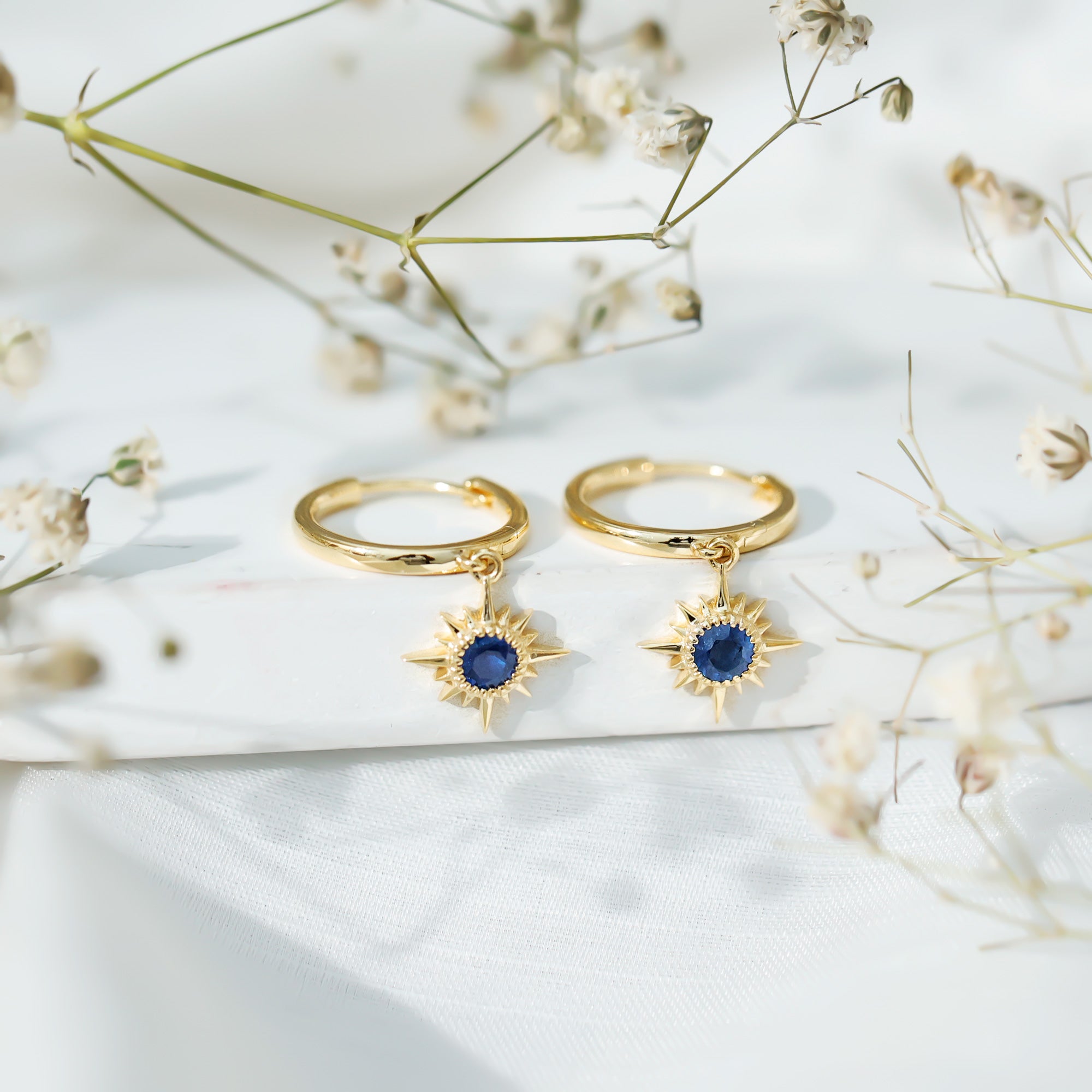 Bezel Set Blue Sapphire Sunburst Drop Hoop Earrings AAA - Rosec Jewels