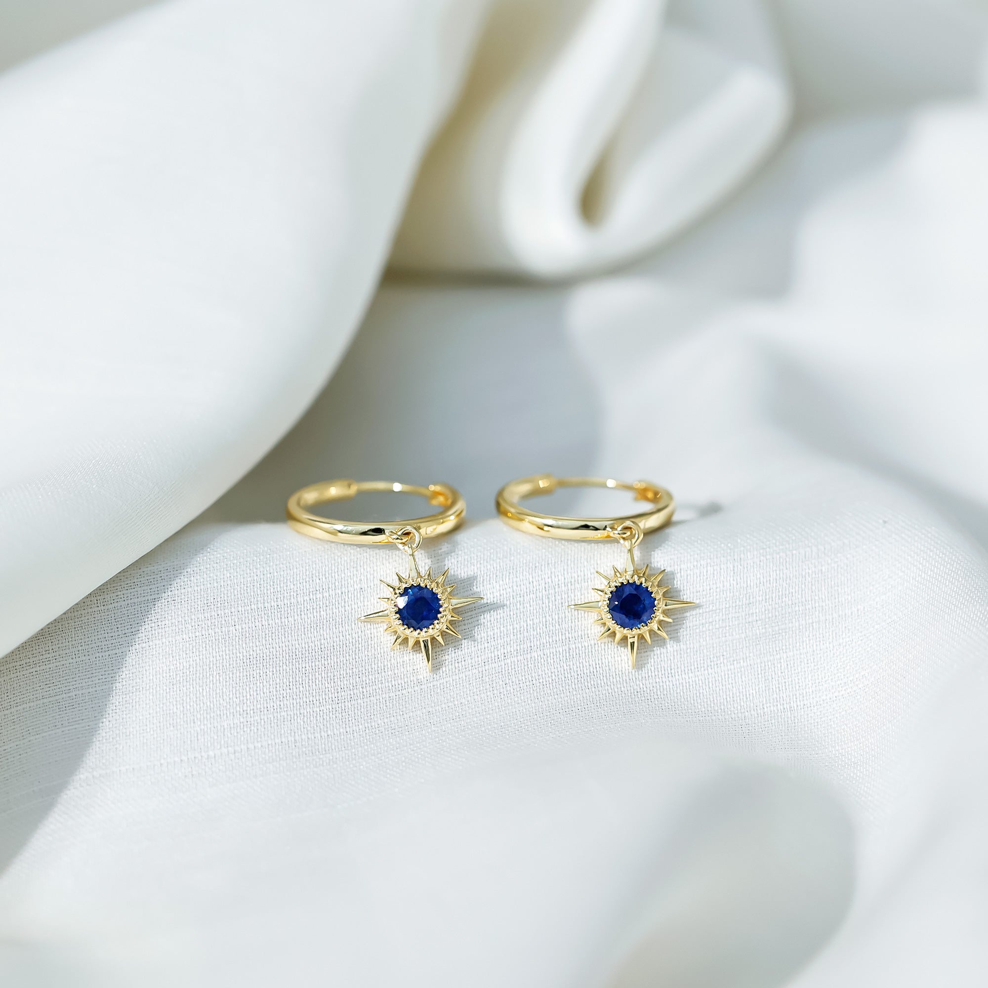 Bezel Set Blue Sapphire Sunburst Drop Hoop Earrings AAA - Rosec Jewels