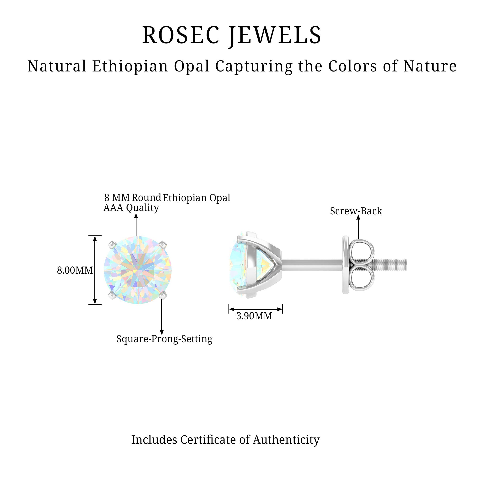 4 Carat Round Cut Ethiopian Opal Solitaire Stud Earrings AAA - Rosec Jewels