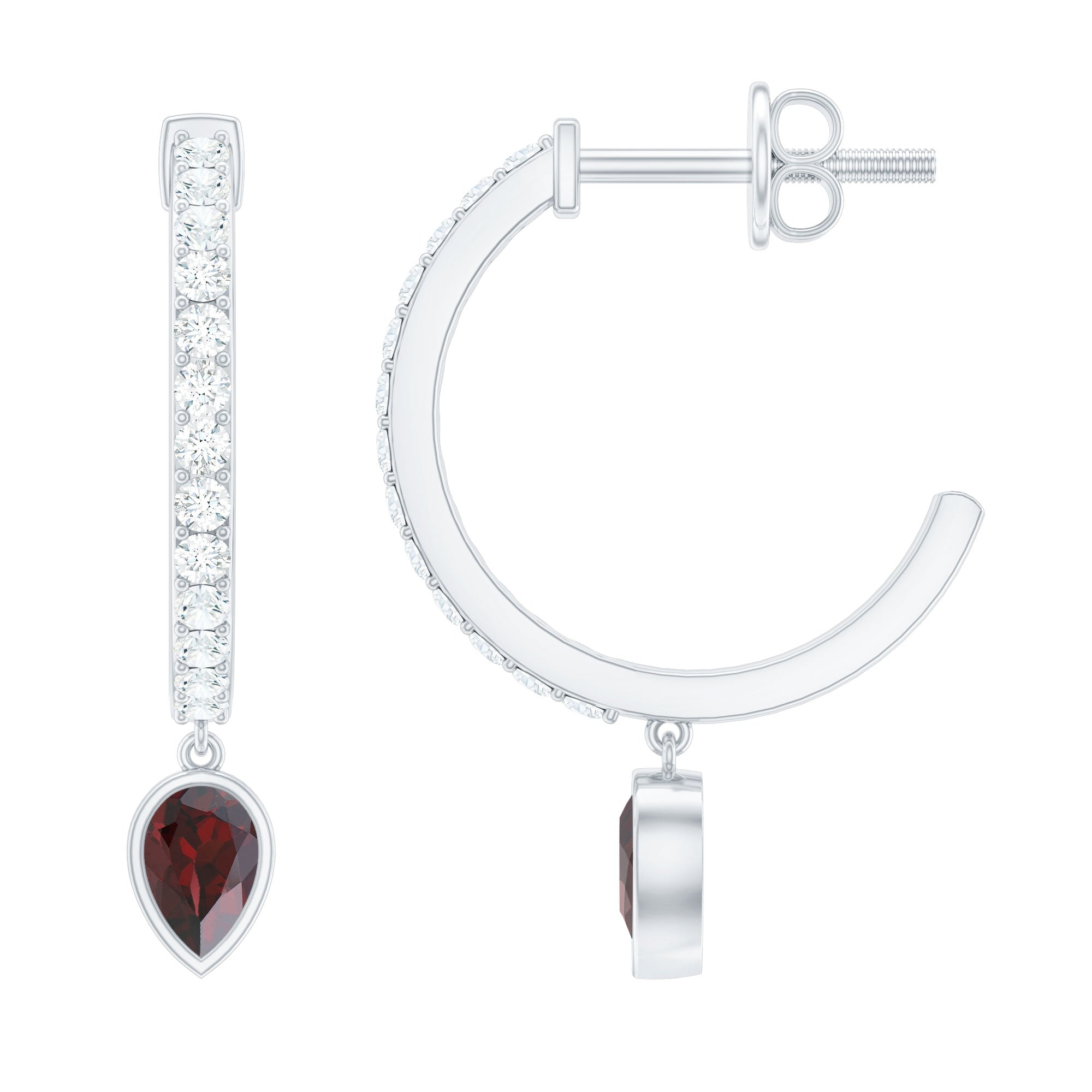 Genuine Garnet Teardrop Hoop Earrings with Diamonds AAA - Rosec Jewels