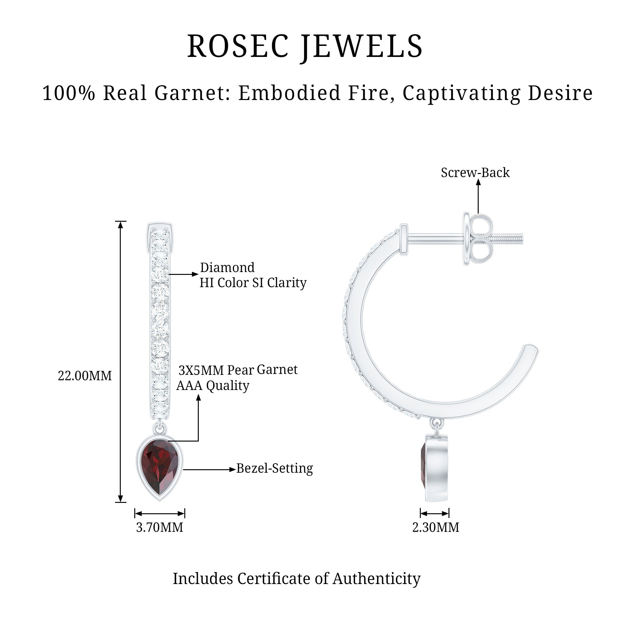Genuine Garnet Teardrop Hoop Earrings with Diamonds AAA - Rosec Jewels