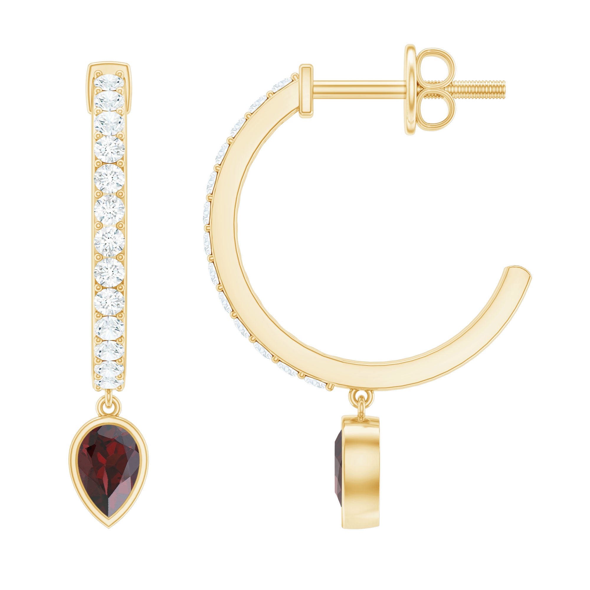 Genuine Garnet Teardrop Hoop Earrings with Diamonds AAA - Rosec Jewels