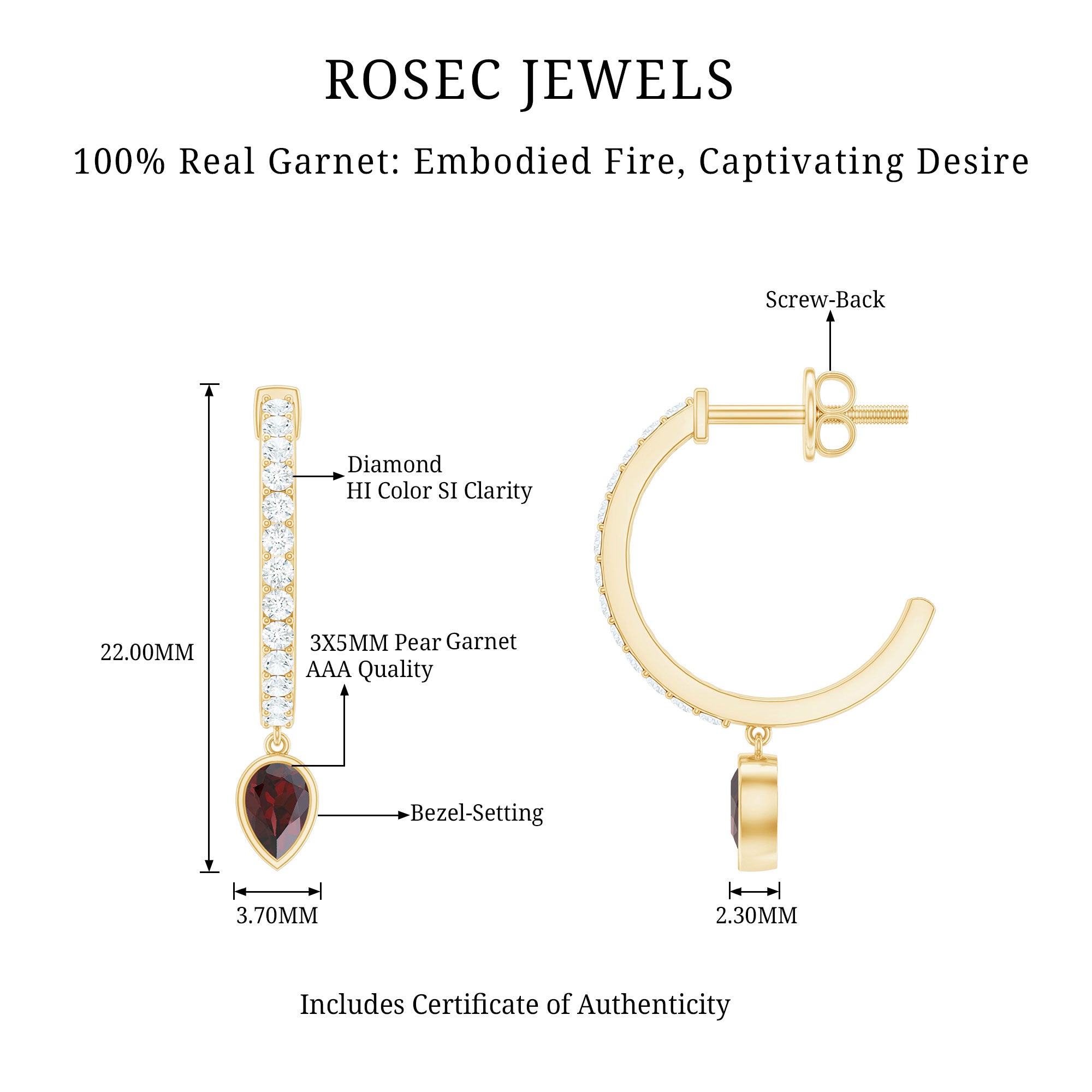 Genuine Garnet Teardrop Hoop Earrings with Diamonds AAA - Rosec Jewels