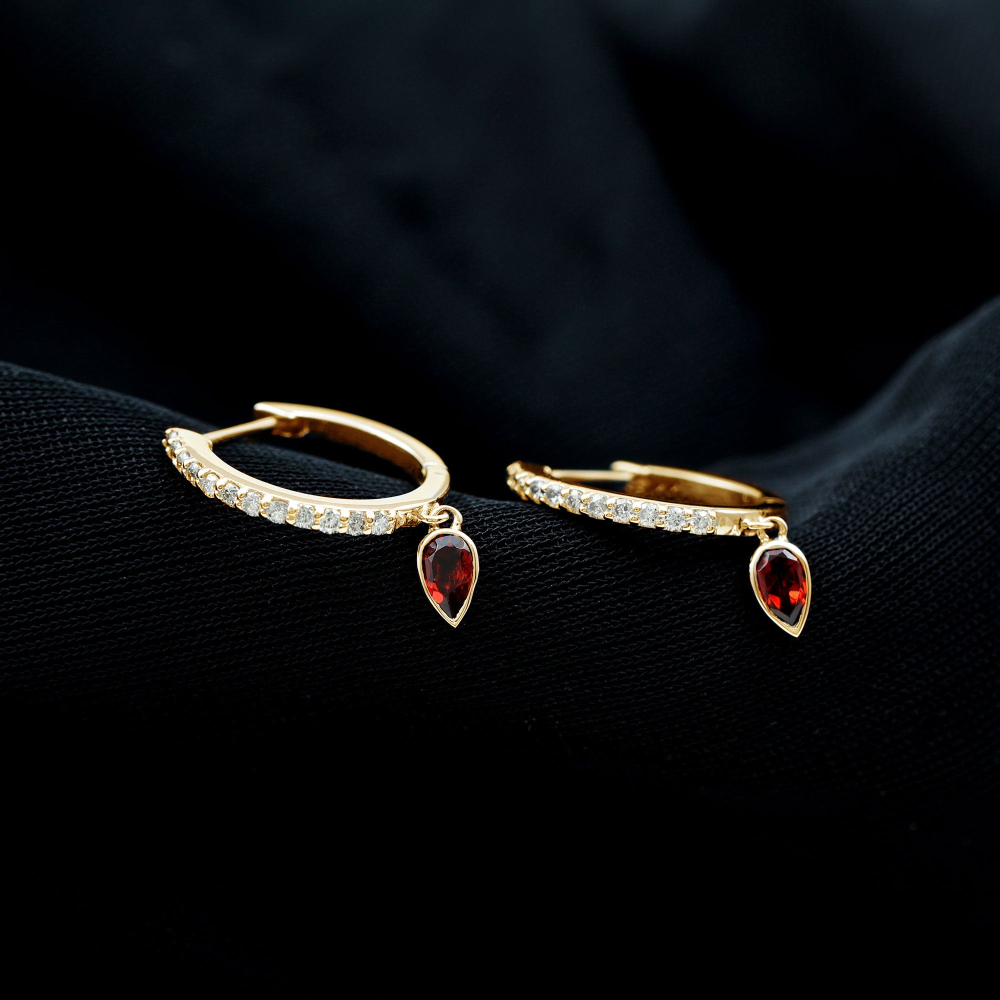 Genuine Garnet Teardrop Hoop Earrings with Diamonds AAA - Rosec Jewels