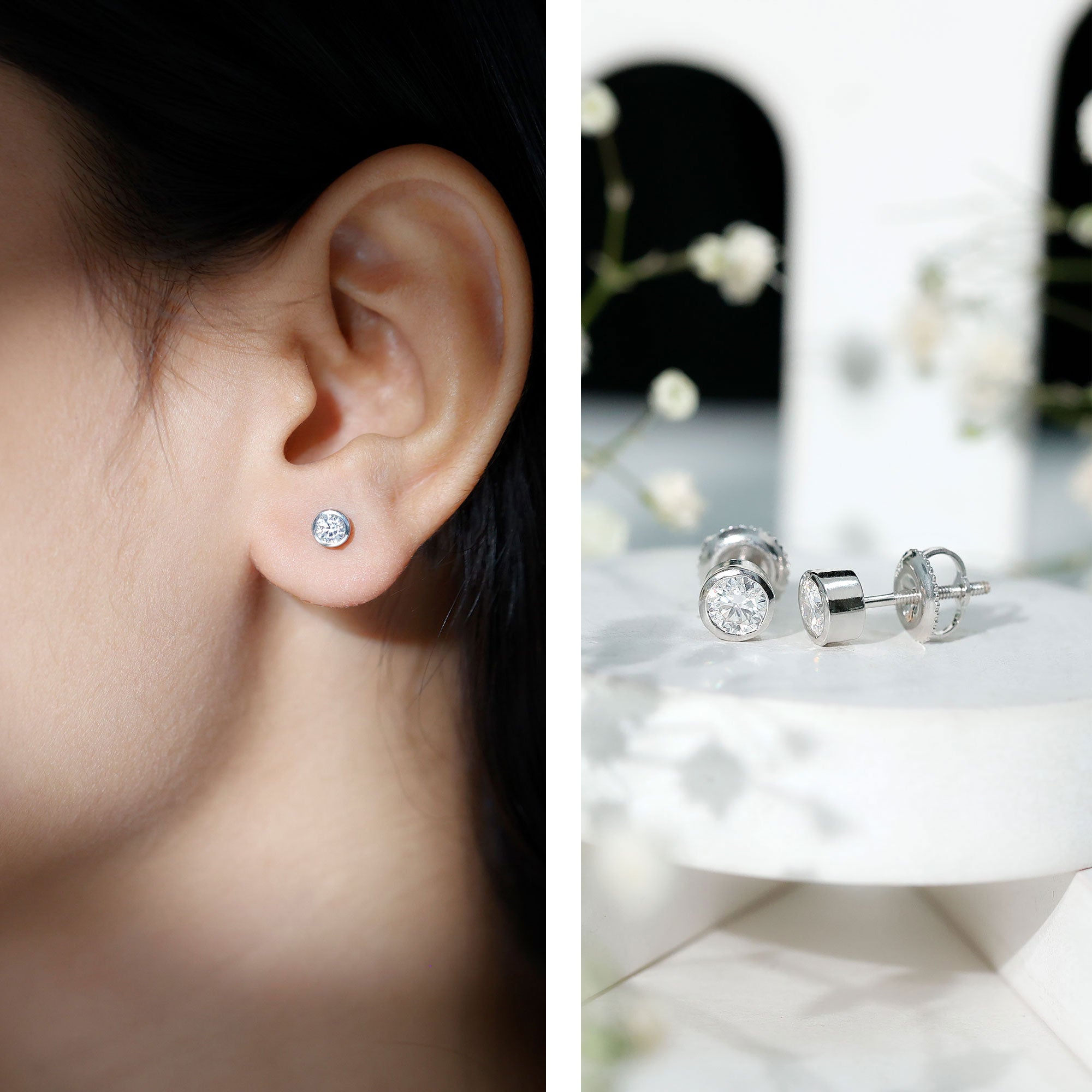 Certified Moissanite Solitaire Stud Earrings in Bezel Setting D-VS1 - Rosec Jewels