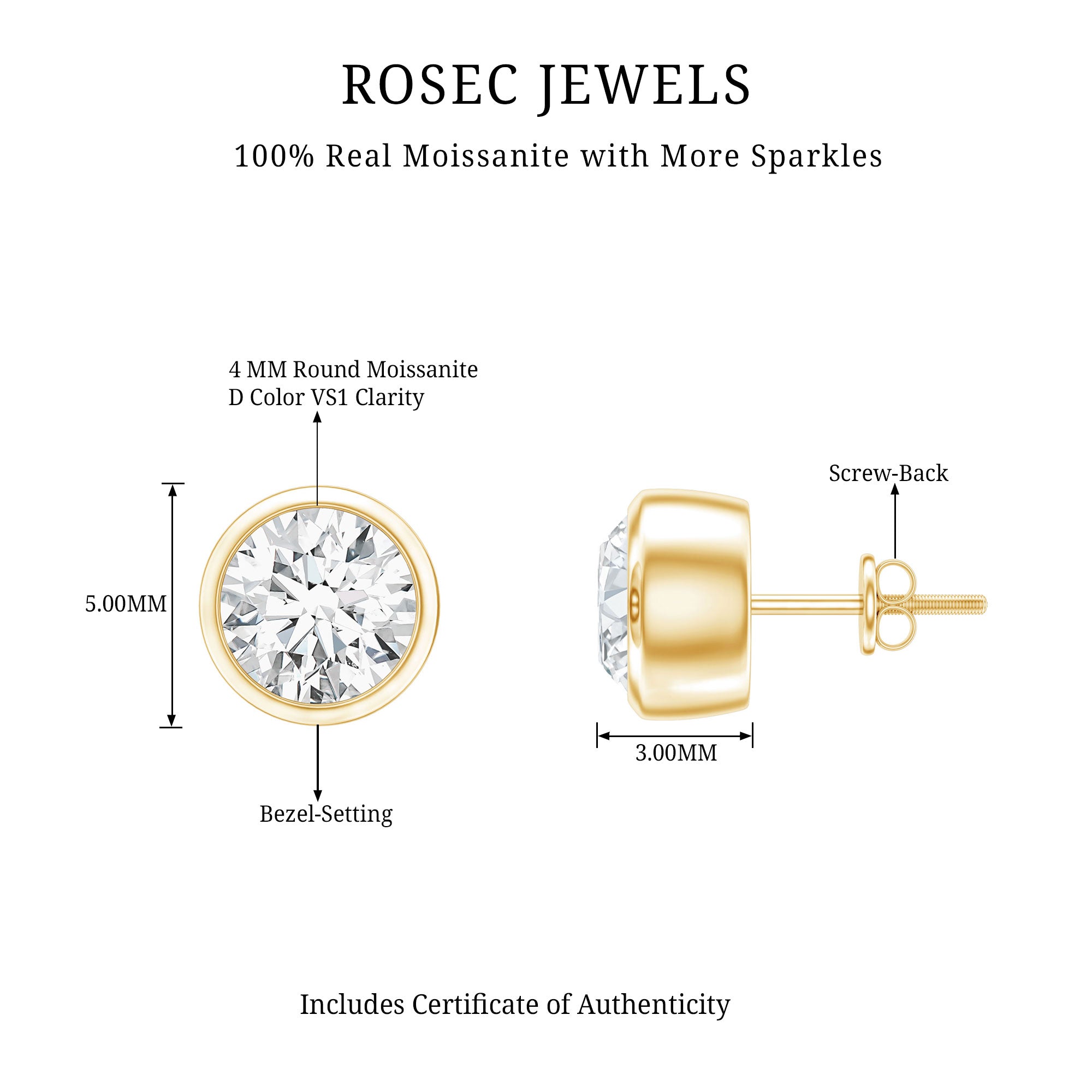 Certified Moissanite Solitaire Stud Earrings in Bezel Setting D-VS1 - Rosec Jewels