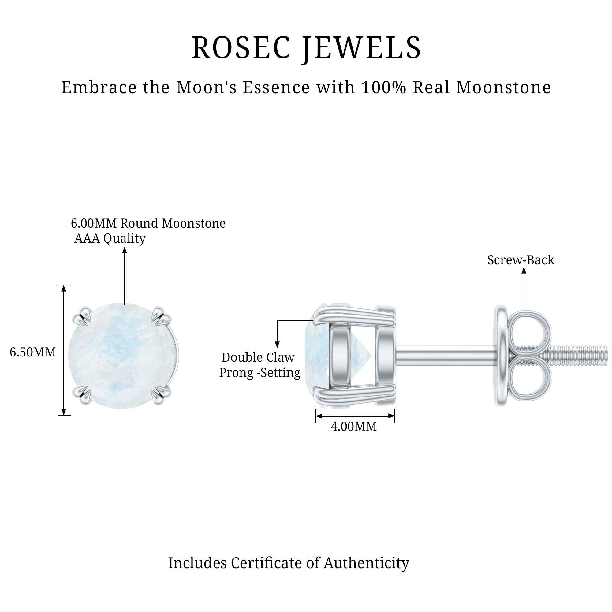 0.74 Carat Moonstone Solitaire Stud Earrings for Women AAA - Rosec Jewels