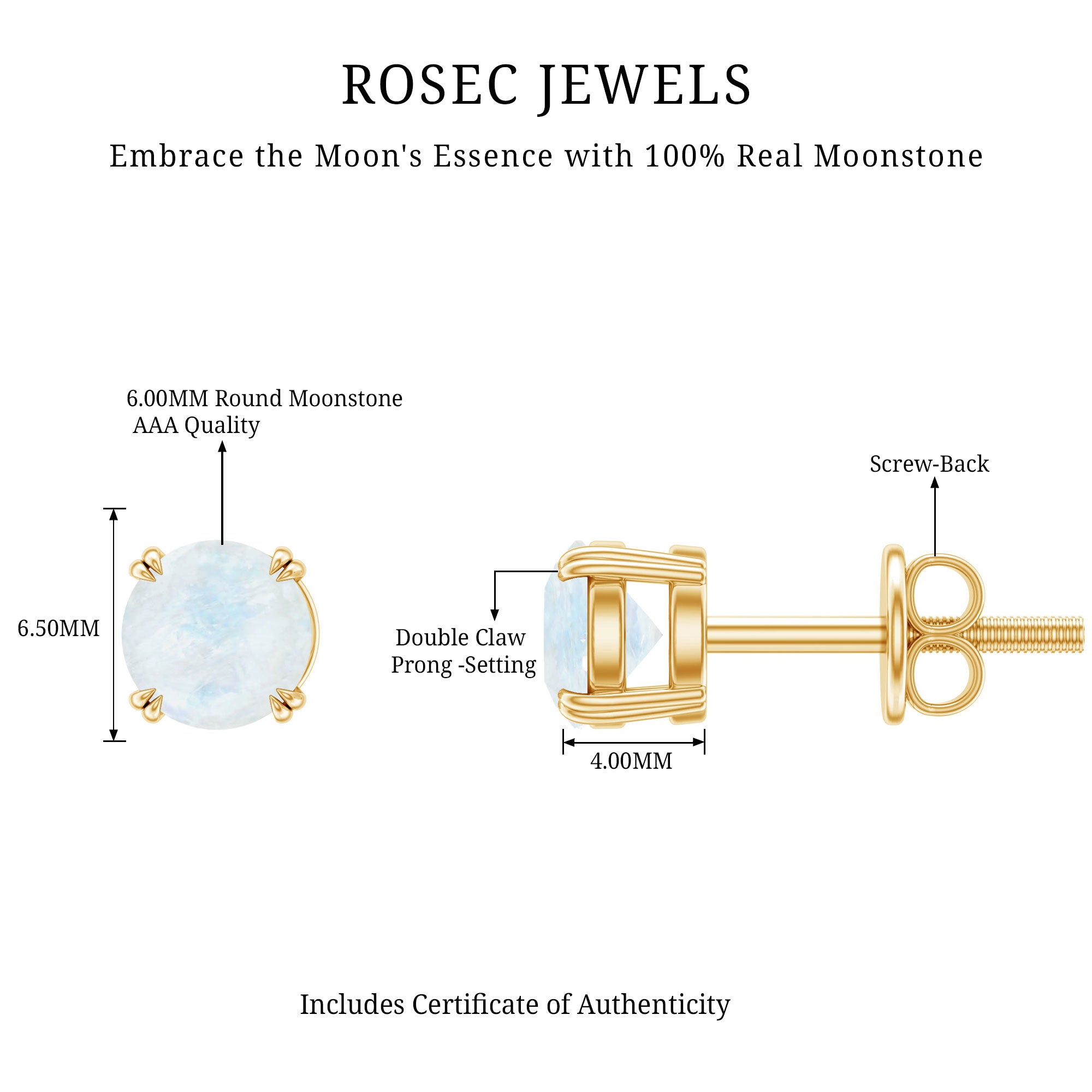 0.74 Carat Moonstone Solitaire Stud Earrings for Women AAA - Rosec Jewels