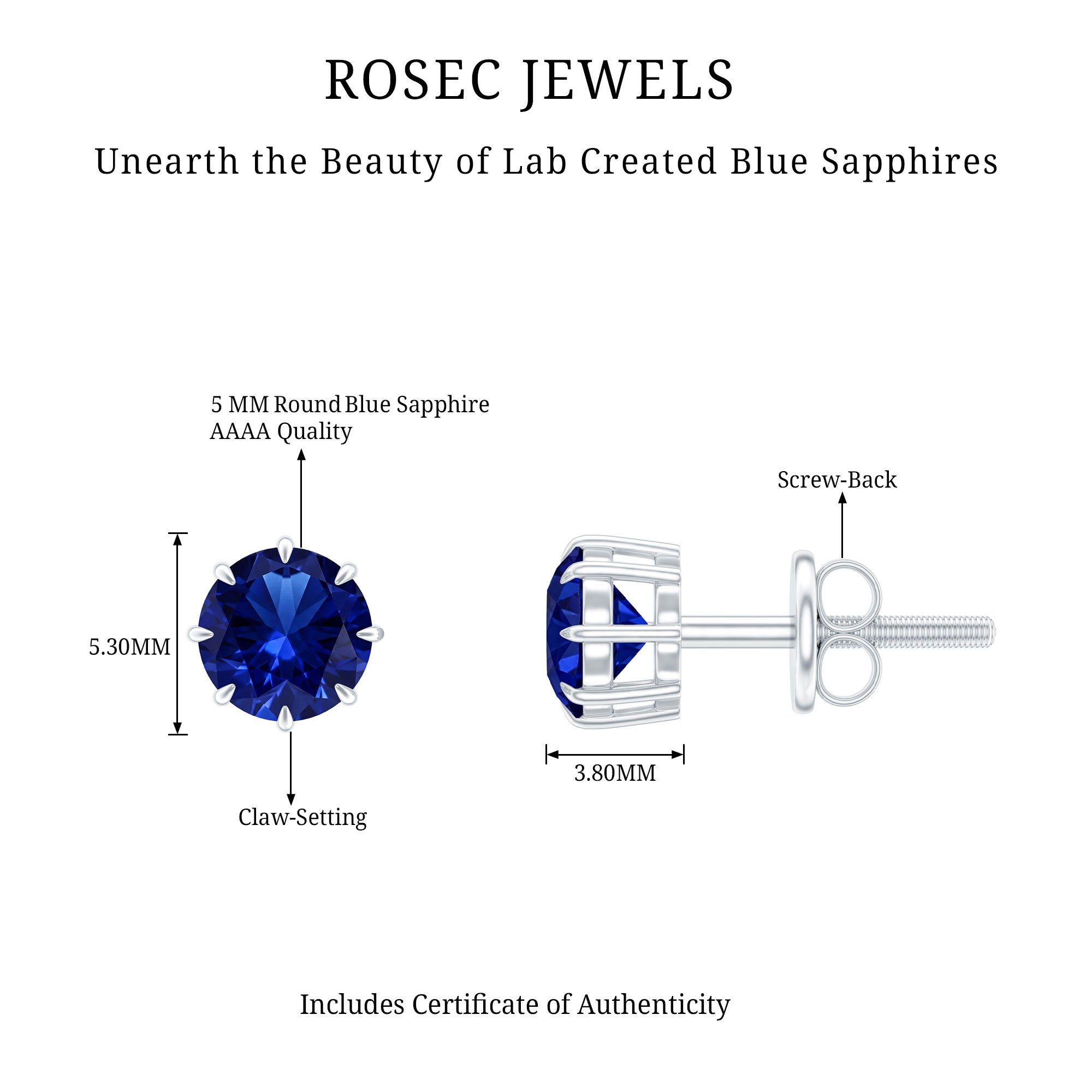Lab Created Round Blue Sapphire Solitaire Stud Earrings in Claw Setting AAAA - Rosec Jewels