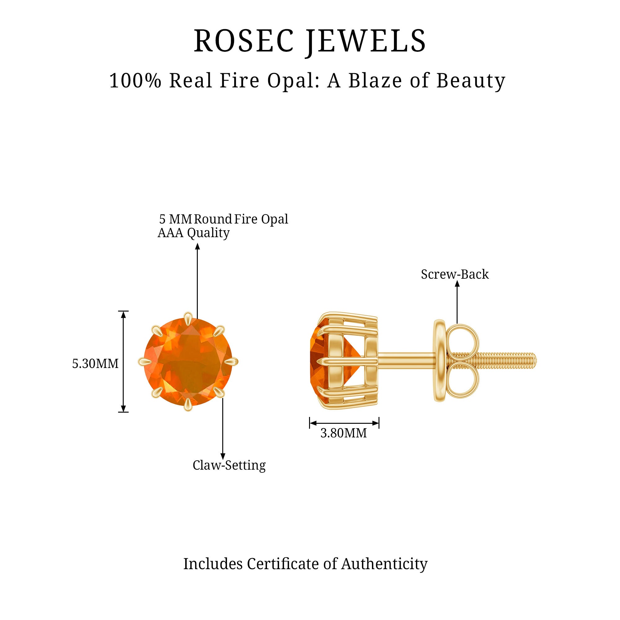 Natural Fire Opal Solitaire Stud Earrings for Women AAA - Rosec Jewels