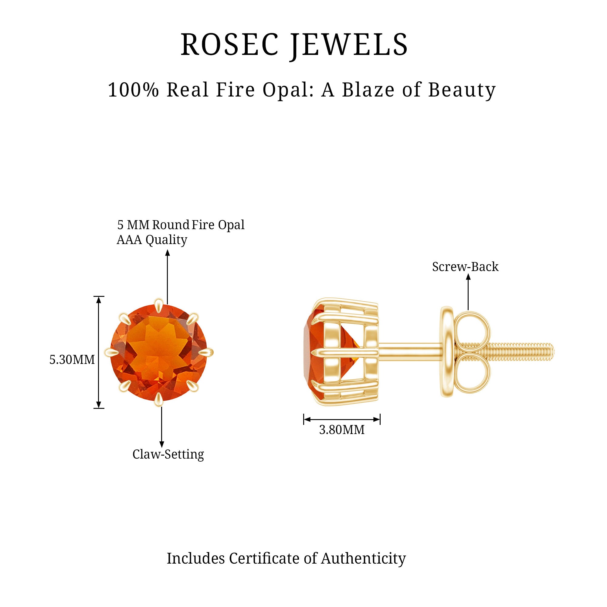 Natural Fire Opal Solitaire Stud Earrings for Women AAA - Rosec Jewels