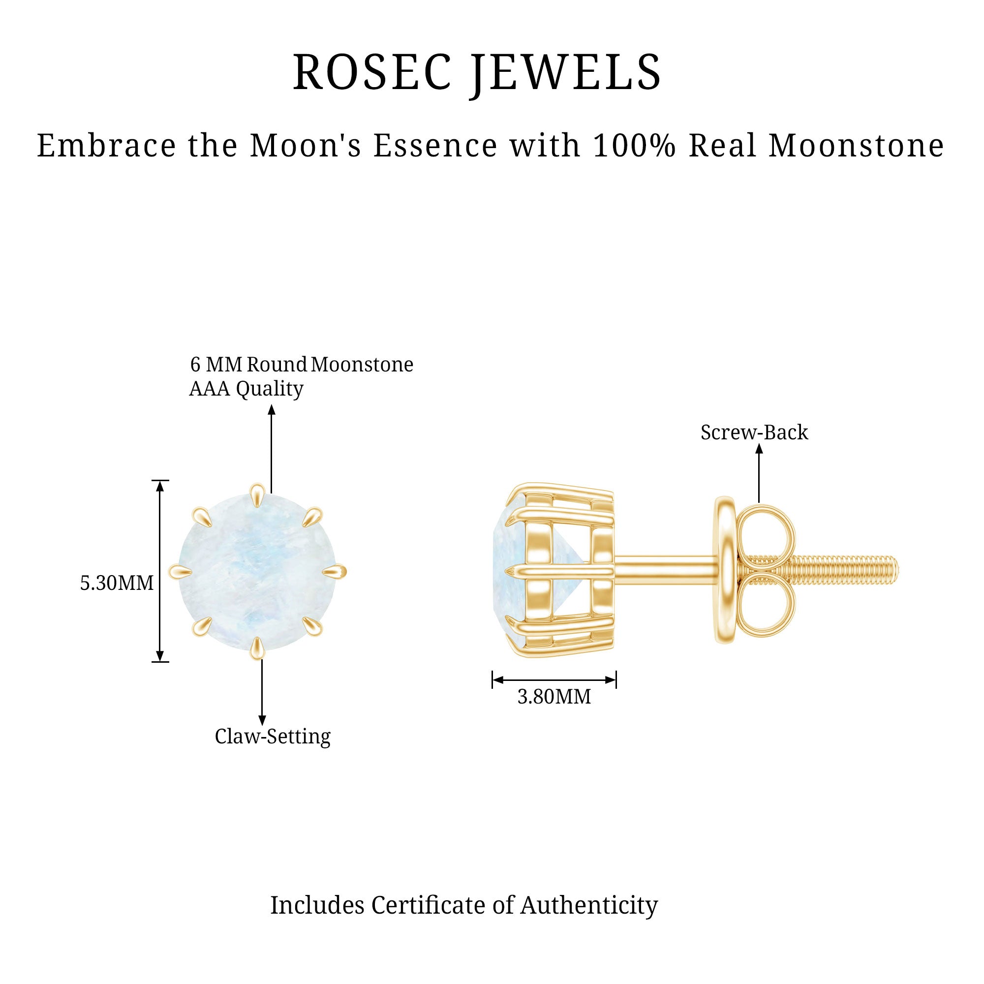 Real 0.7 Carat Moonstone Stud Earrings with Screw Back AAA - Rosec Jewels