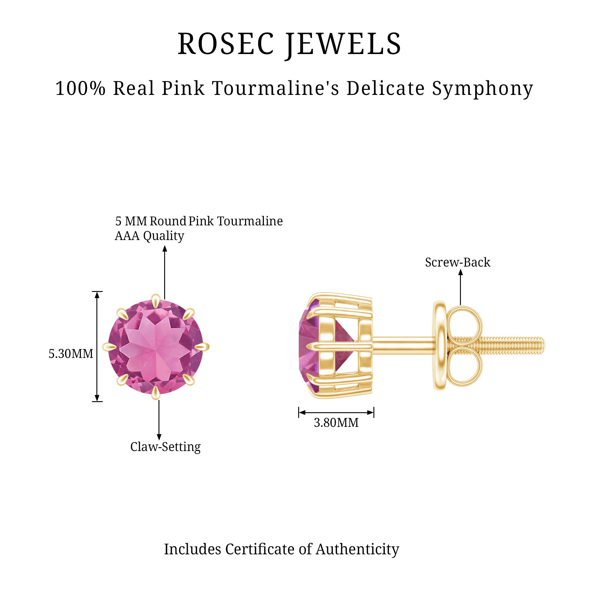 Genuine 0.9 Carat Pink Tourmaline Stud Earrings with Screw Back AAA - Rosec Jewels
