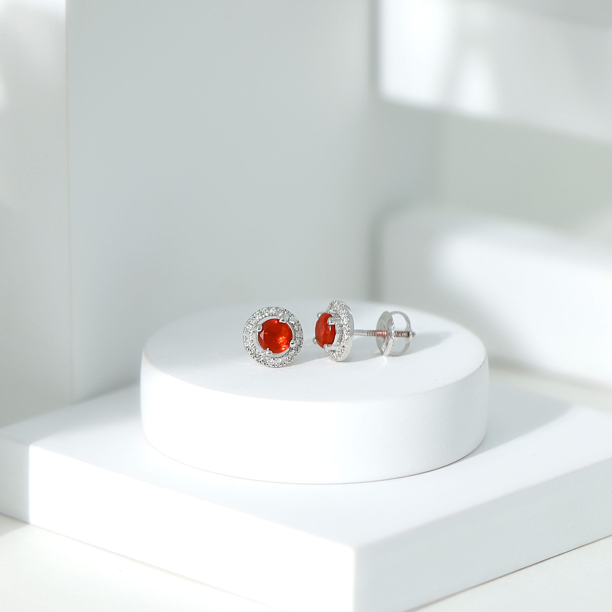 Natural Orange Fire Opal Stud Earrings With Diamonds AAA - Rosec Jewels