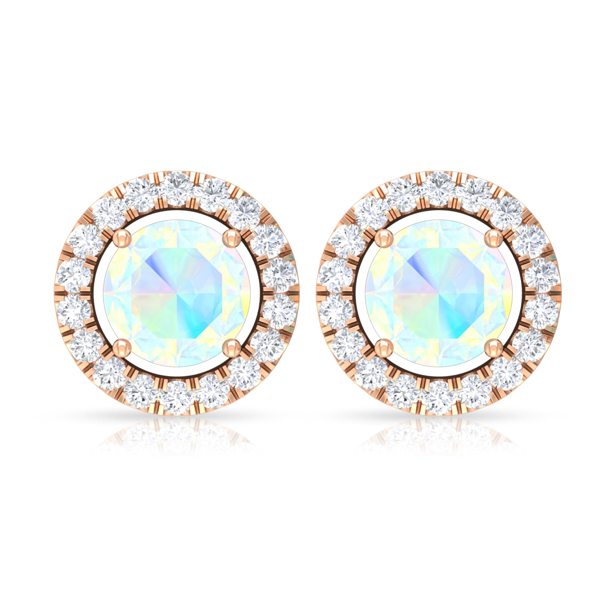 Round Ethiopian Opal and Diamond Halo Stud Earrings AAA - Rosec Jewels