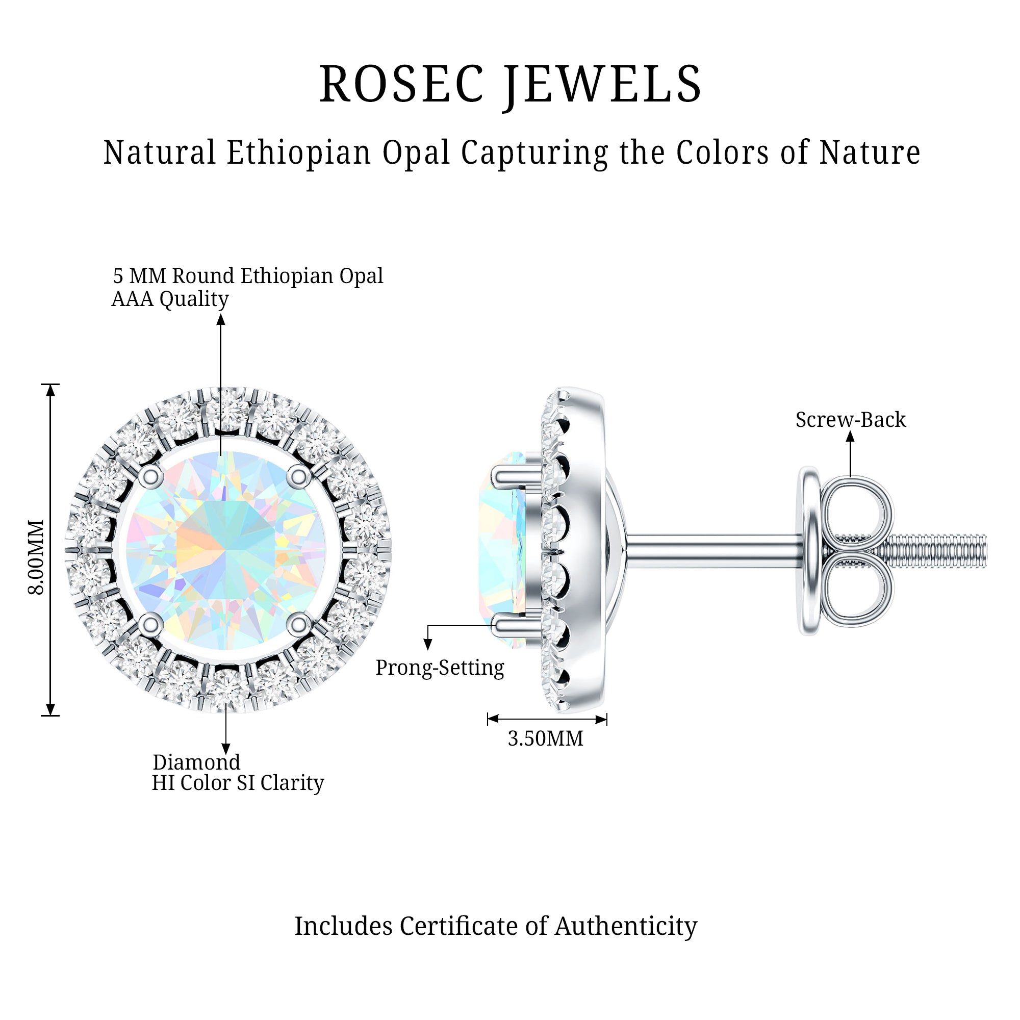 Round Ethiopian Opal and Diamond Halo Stud Earrings AAA - Rosec Jewels