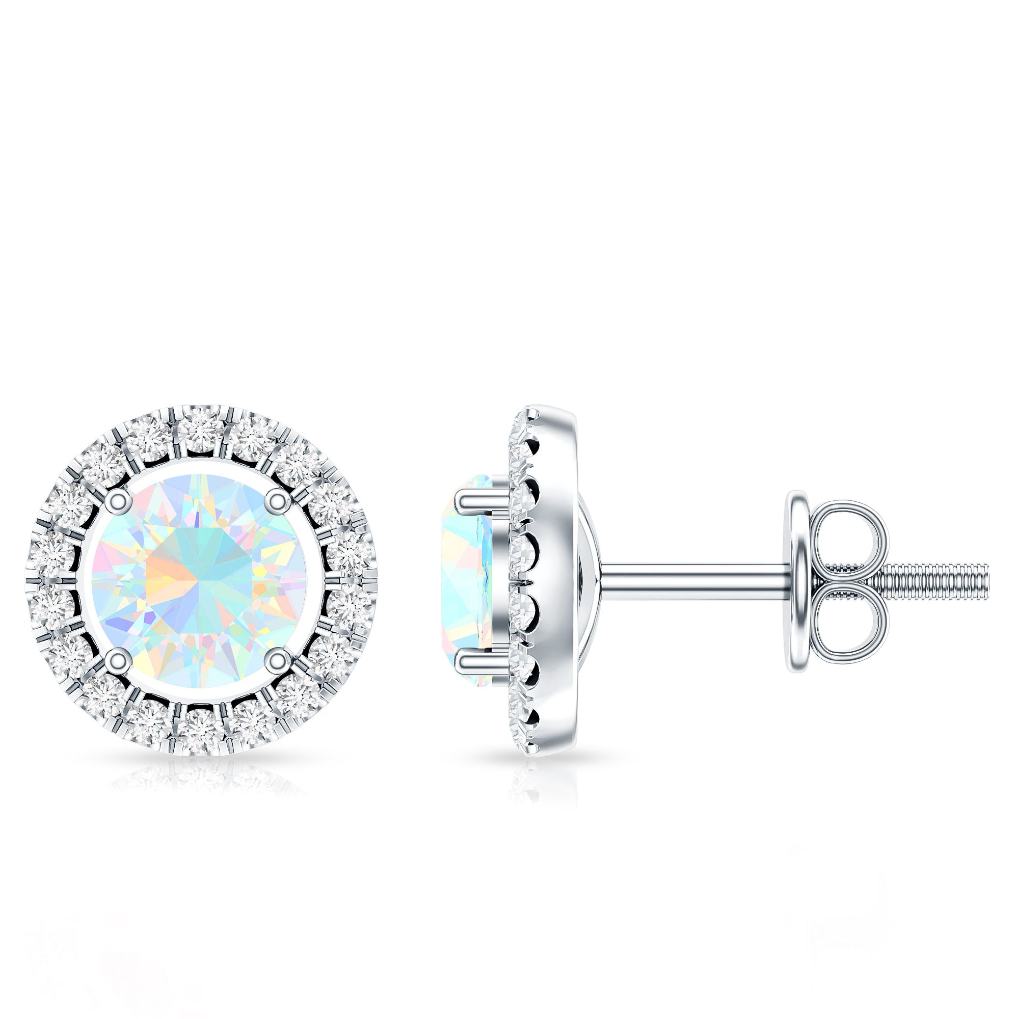 Round Ethiopian Opal and Diamond Halo Stud Earrings AAA - Rosec Jewels