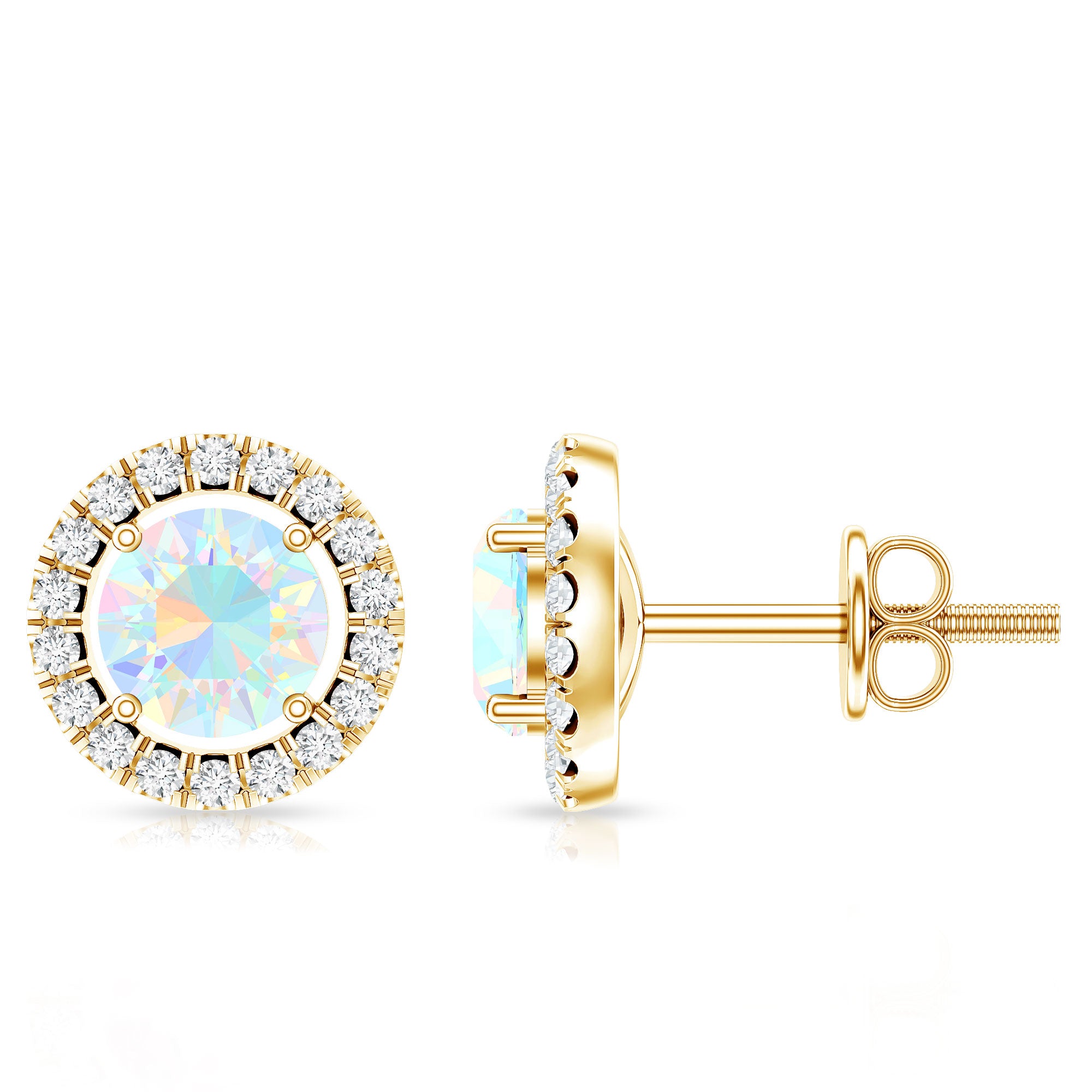 Round Ethiopian Opal and Diamond Halo Stud Earrings AAA - Rosec Jewels