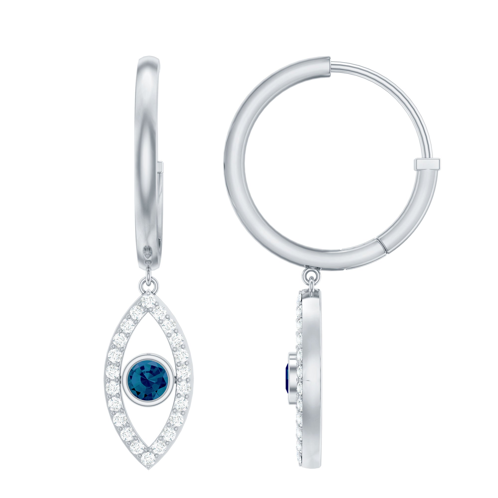 Real London Blue Topaz and Diamond Evil Eye Hoop Earrings AAA - Rosec Jewels