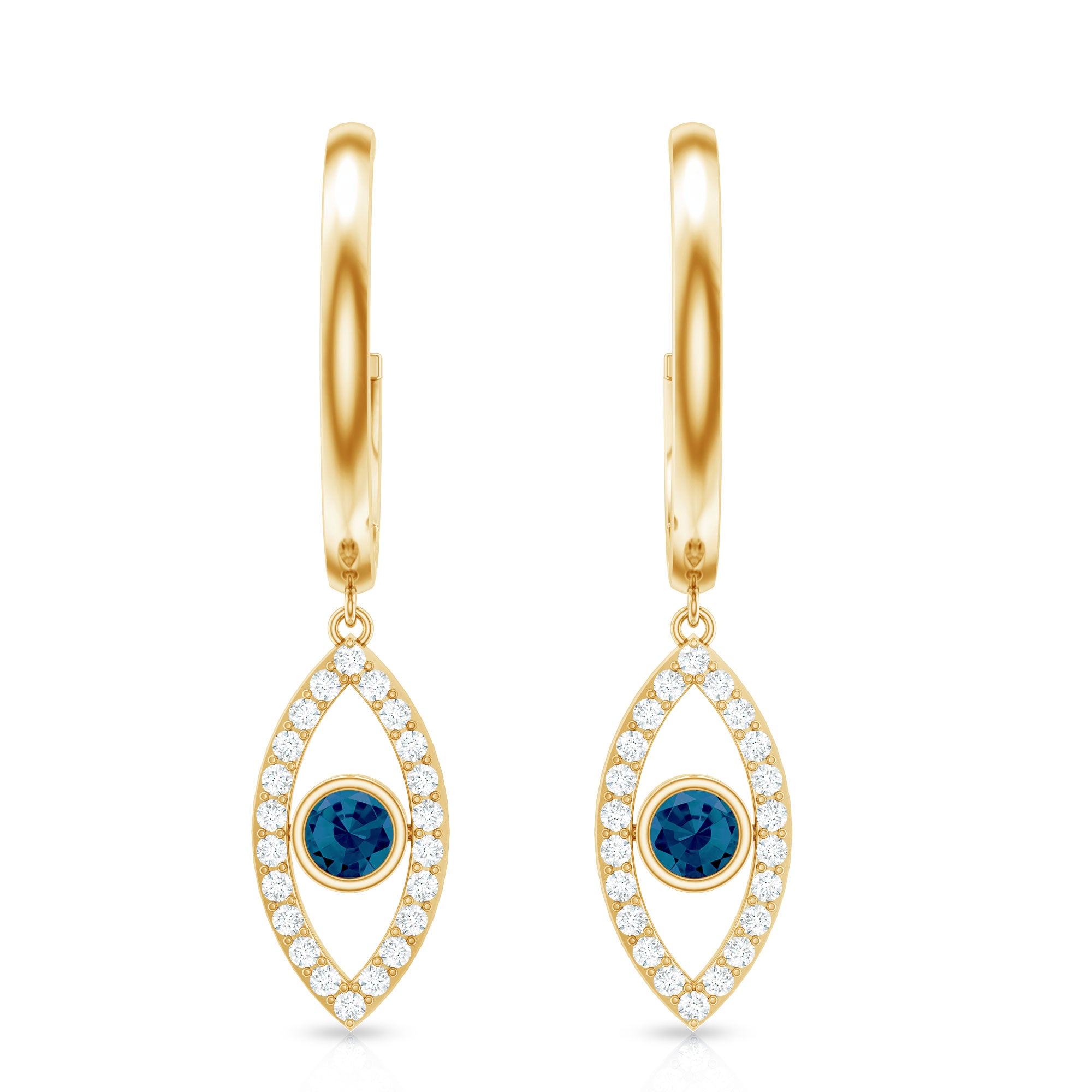 Real London Blue Topaz and Diamond Evil Eye Hoop Earrings AAA - Rosec Jewels