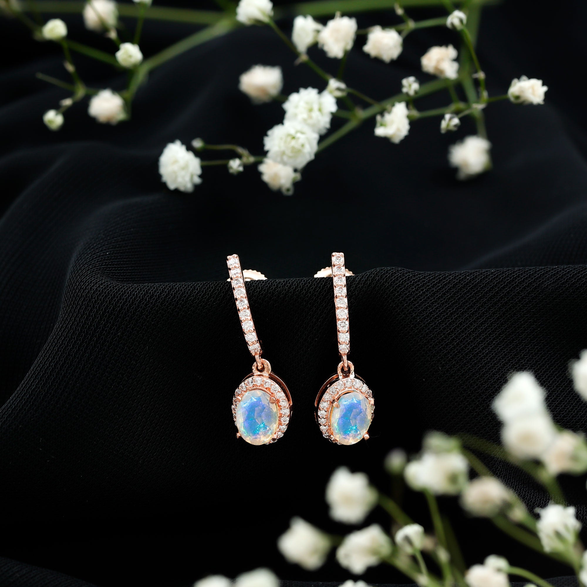Natural Ethiopian Opal Hoop Drop Earrings with Diamond AAA - Rosec Jewels