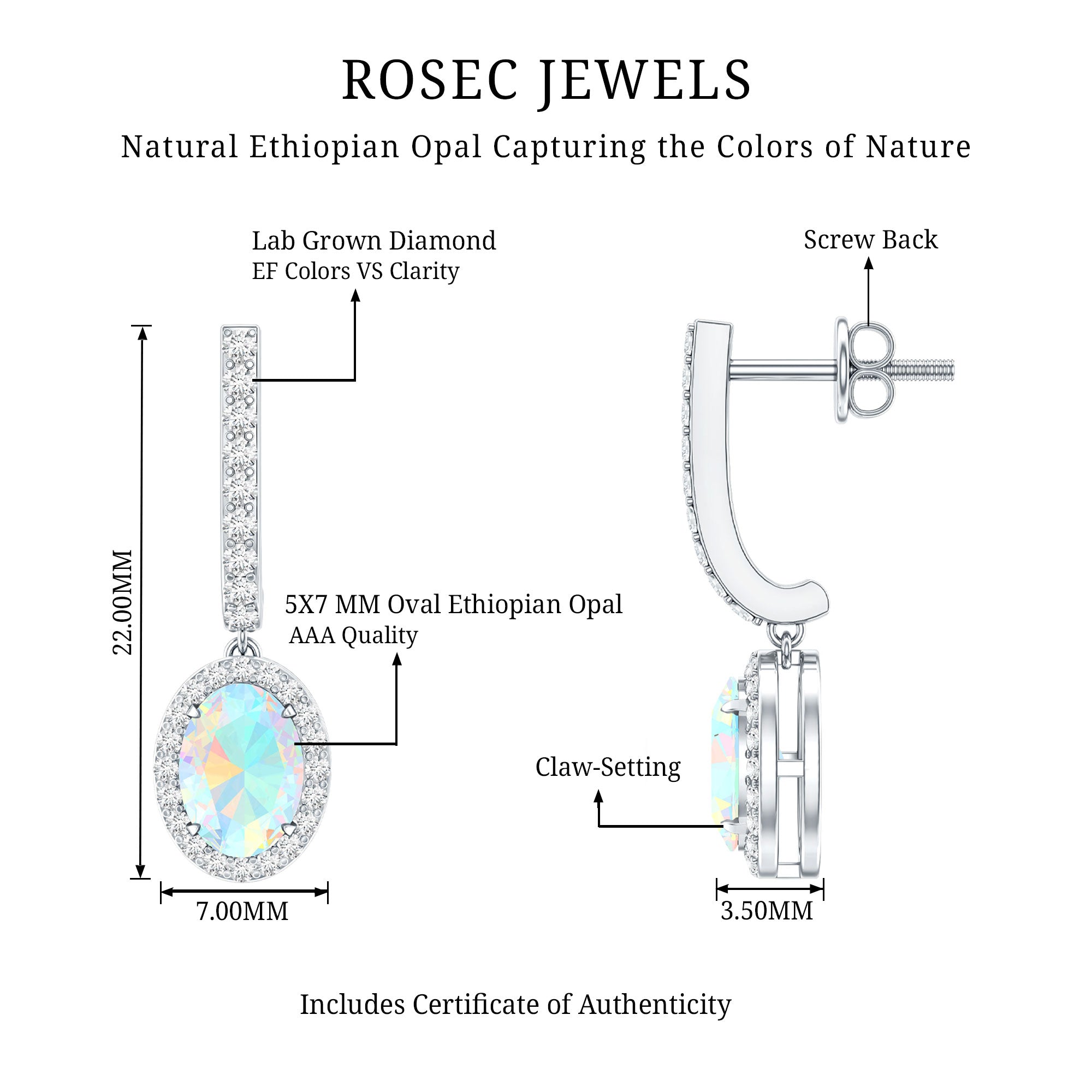 Natural Ethiopian Opal Hoop Drop Earrings with Diamond AAA - Rosec Jewels