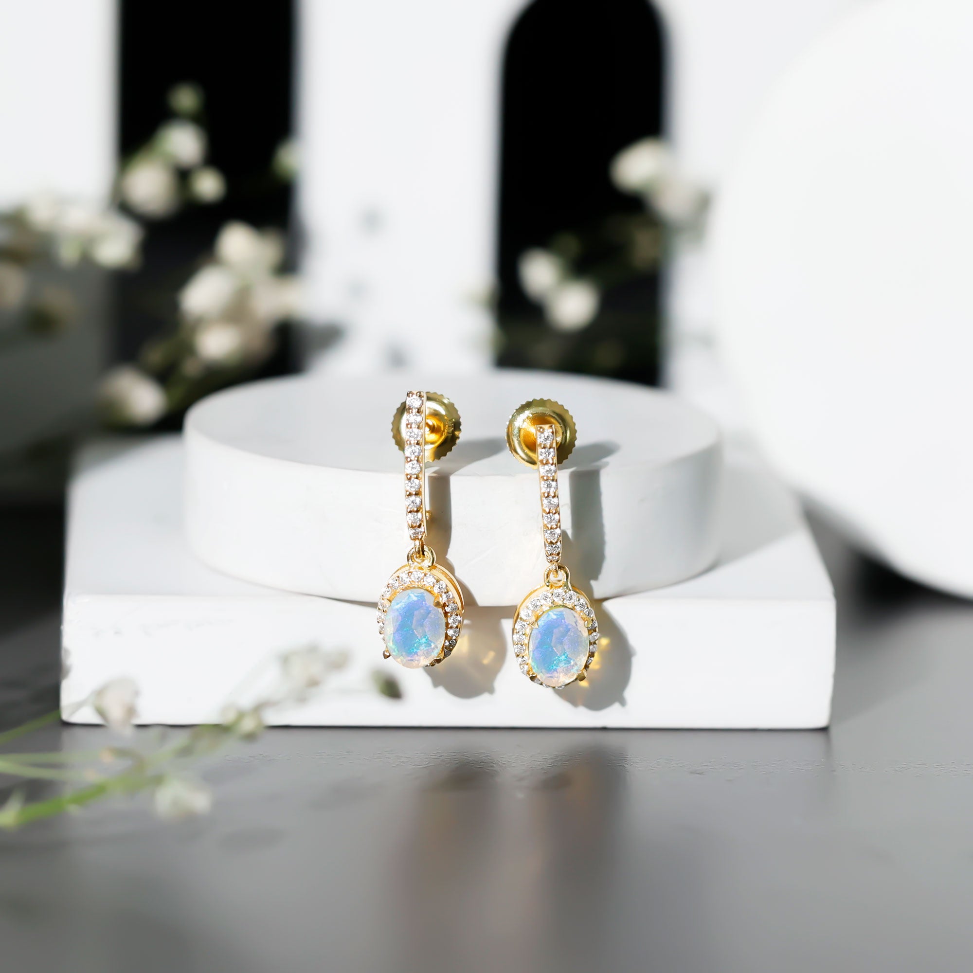Natural Ethiopian Opal Hoop Drop Earrings with Diamond AAA - Rosec Jewels