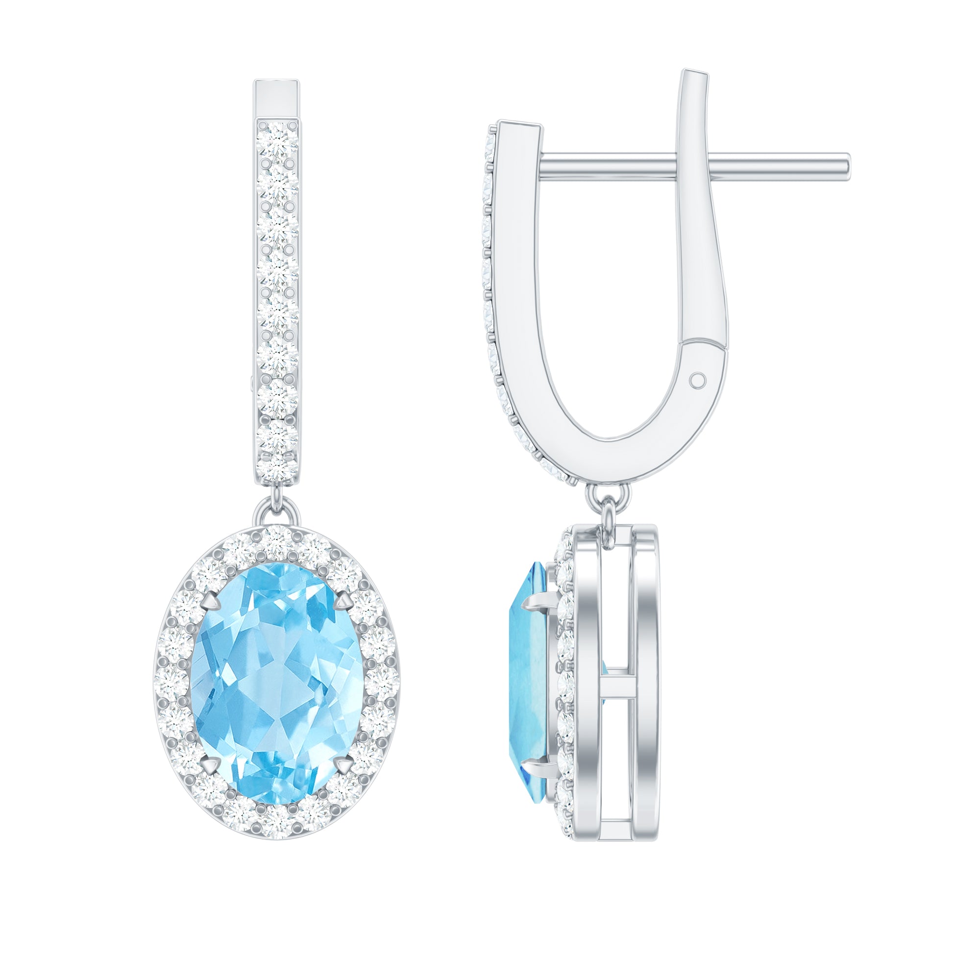 Natural 6X8mm Oval Aquamarine Drop Earrings with Diamond Halo