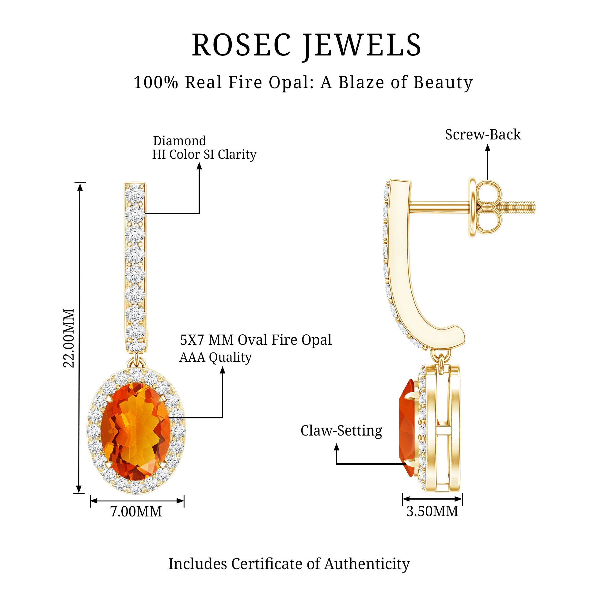 1.3 Carat Natural Oval Fire Opal Diamond Drop Earrings with Latch Back AAA - Rosec Jewels