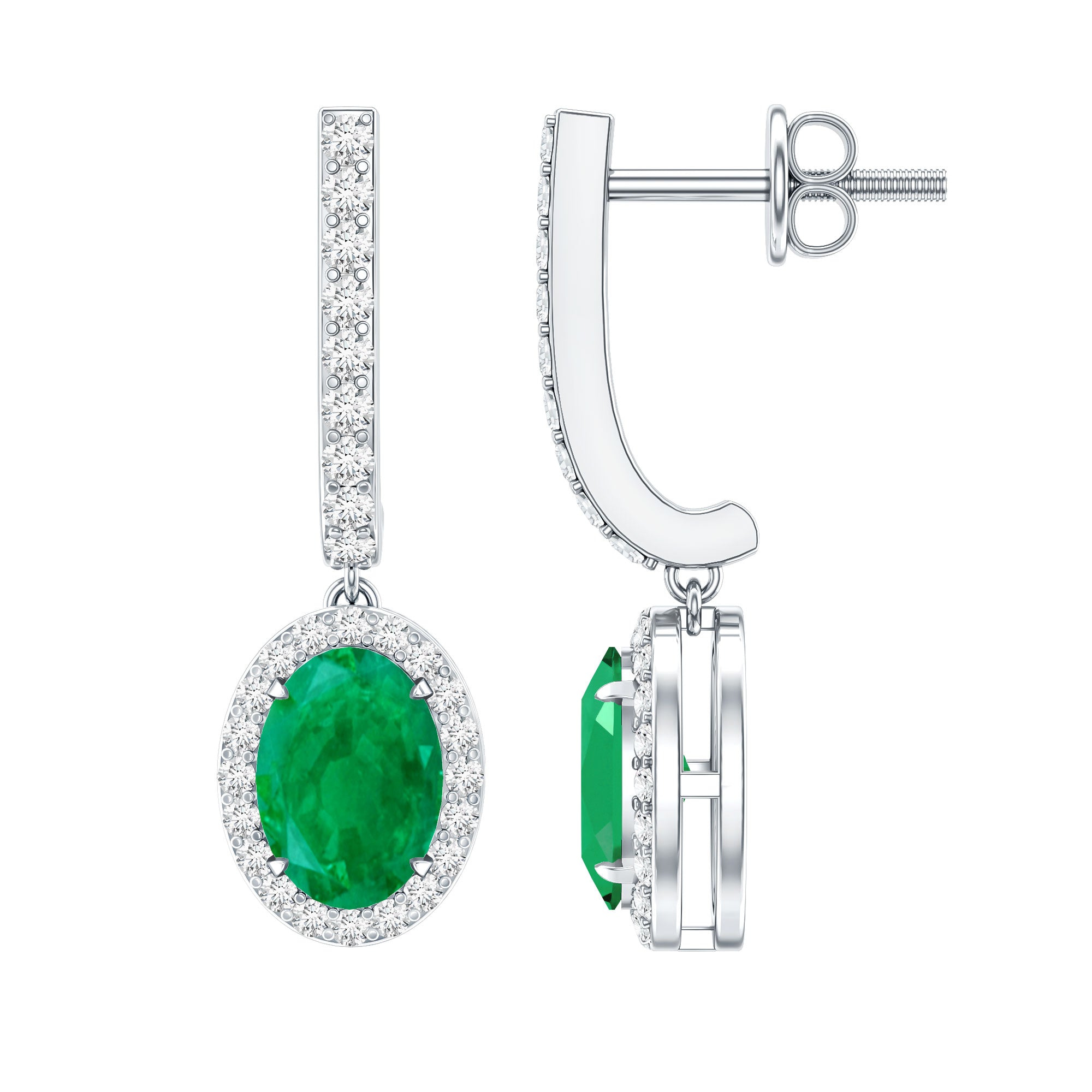 Oval Shape Emerald Hoop Drop Earrings with Diamond Halo AAA - Rosec Jewels