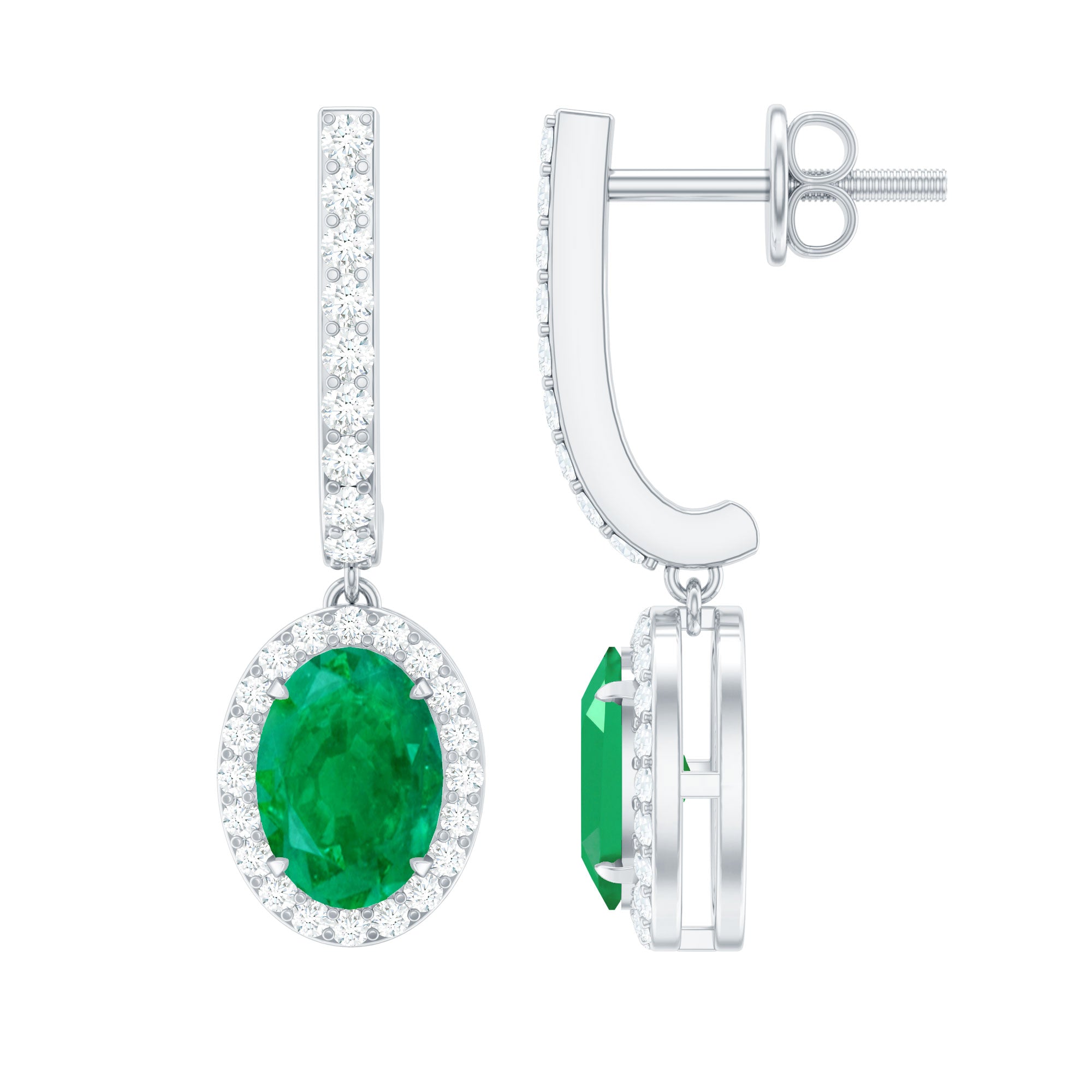 1.75 CT Classic Emerald J Hoop Drop Earrings with Diamond