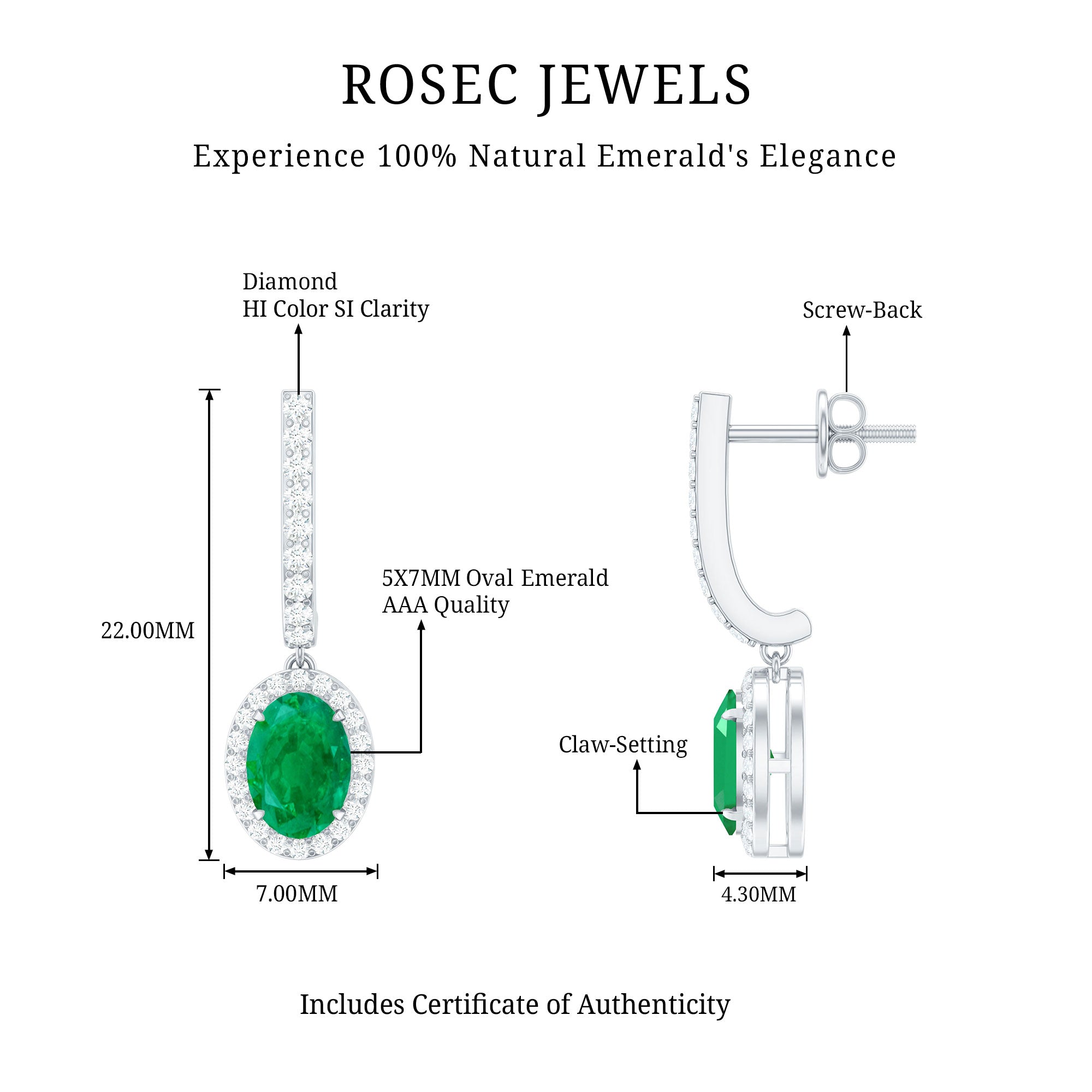 Oval Shape Emerald Hoop Drop Earrings with Diamond Halo AAA - Rosec Jewels