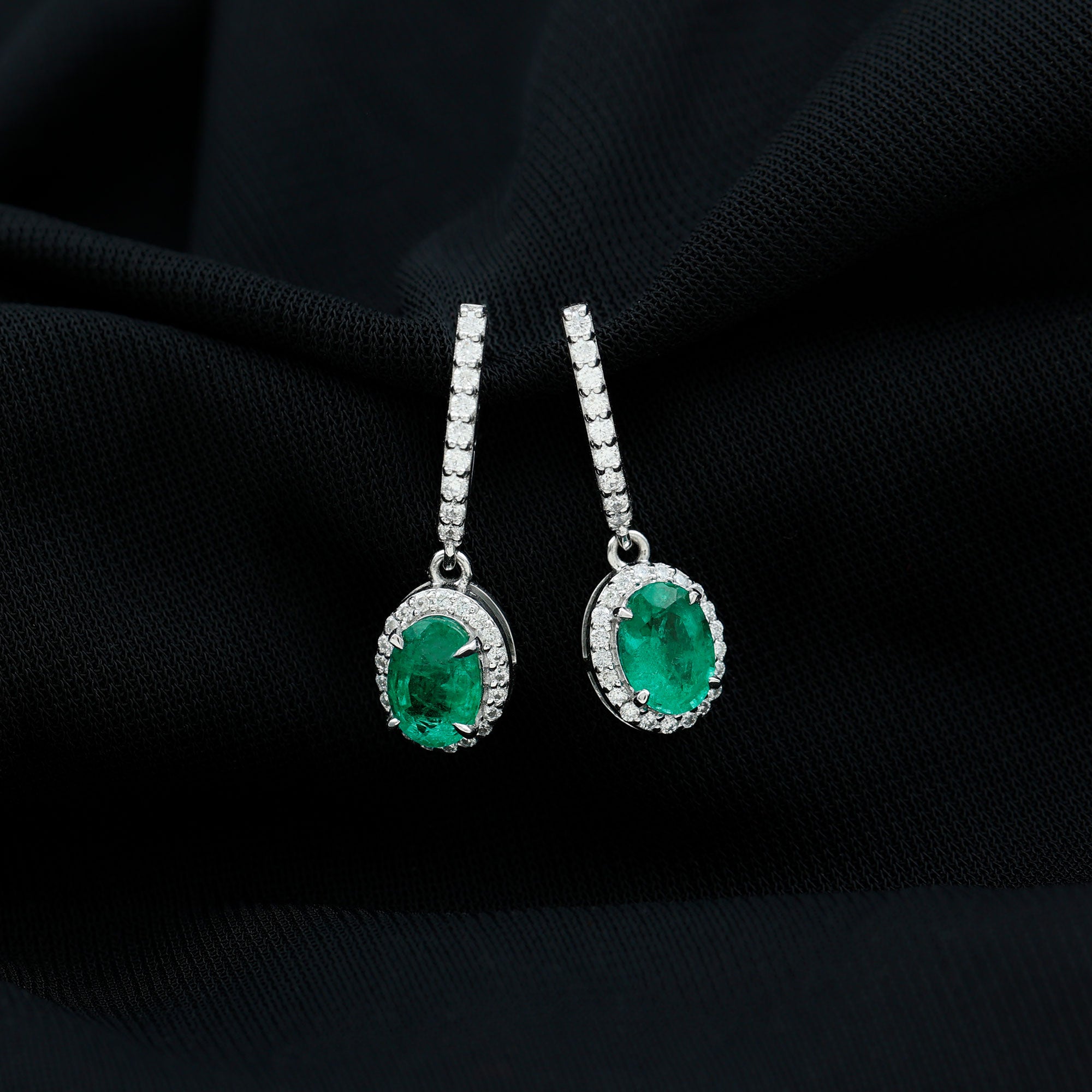 Oval Shape Emerald Hoop Drop Earrings with Diamond Halo AAA - Rosec Jewels