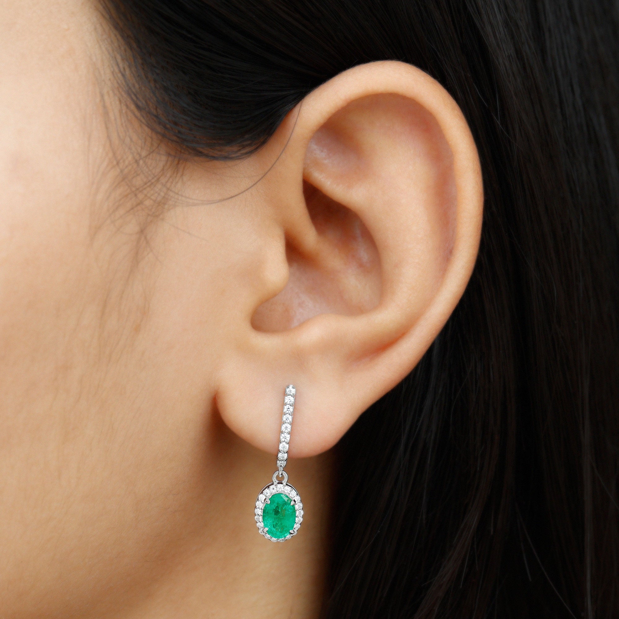 Oval Shape Emerald Hoop Drop Earrings with Diamond Halo AAA - Rosec Jewels