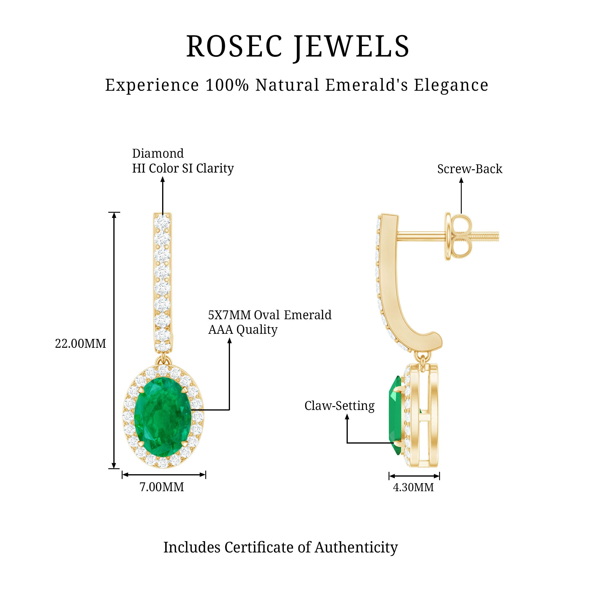 Oval Shape Emerald Hoop Drop Earrings with Diamond Halo AAA - Rosec Jewels