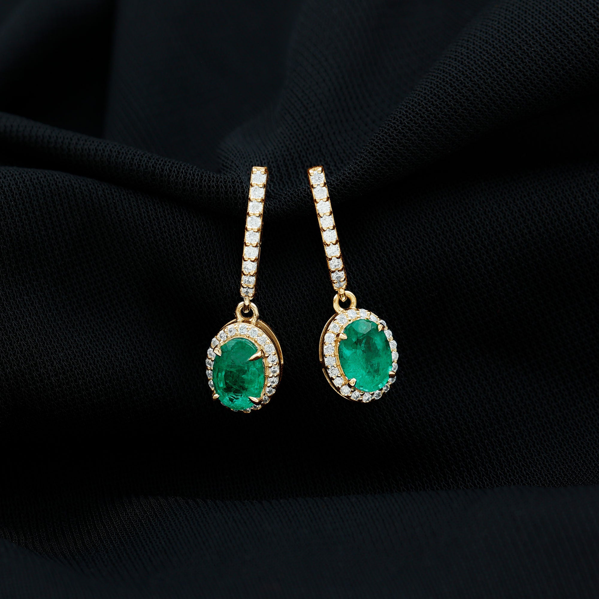 Oval Shape Emerald Hoop Drop Earrings with Diamond Halo AAA - Rosec Jewels